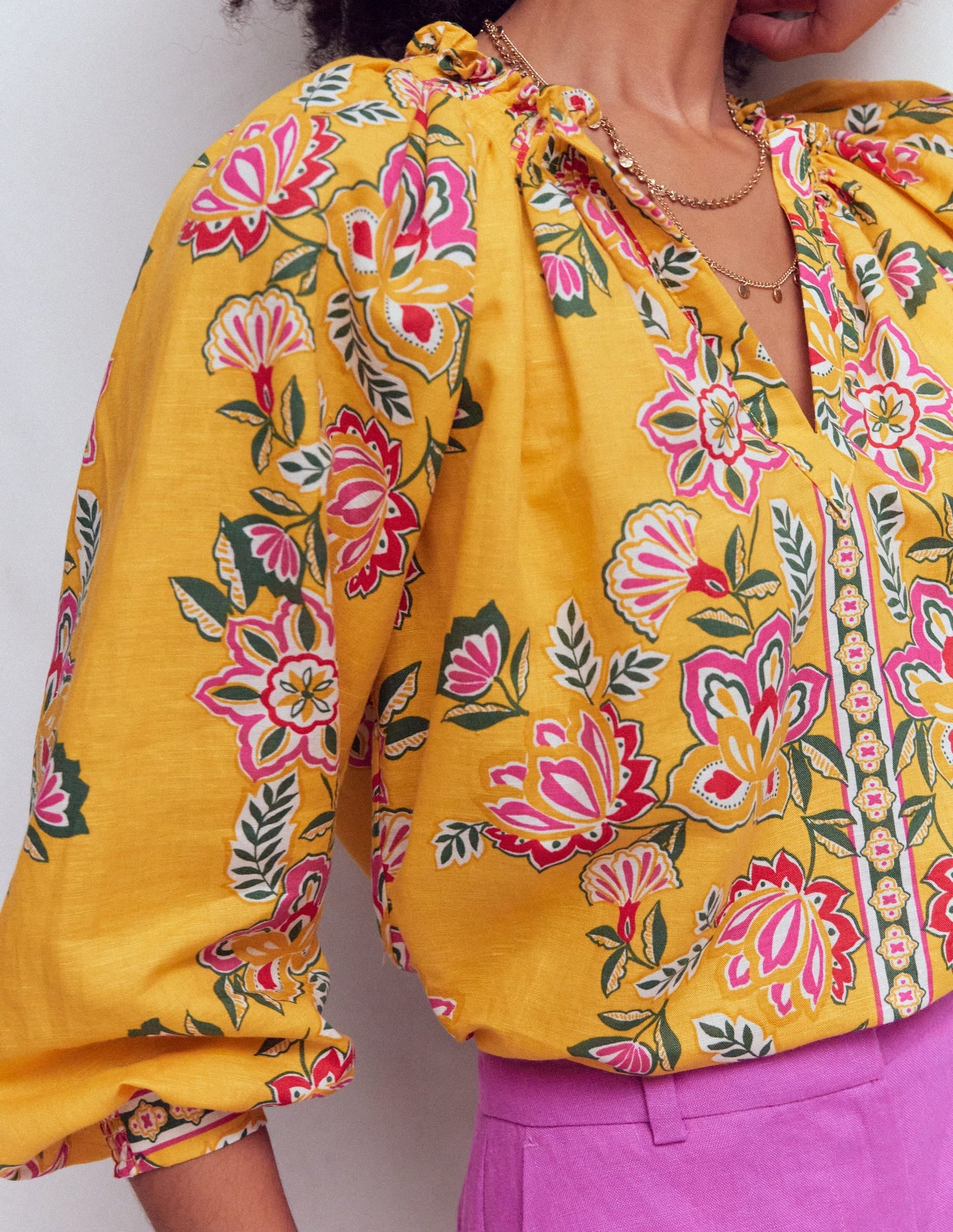 Serena Pleat Neck Linen Top-Marigold, Blossom Elegance