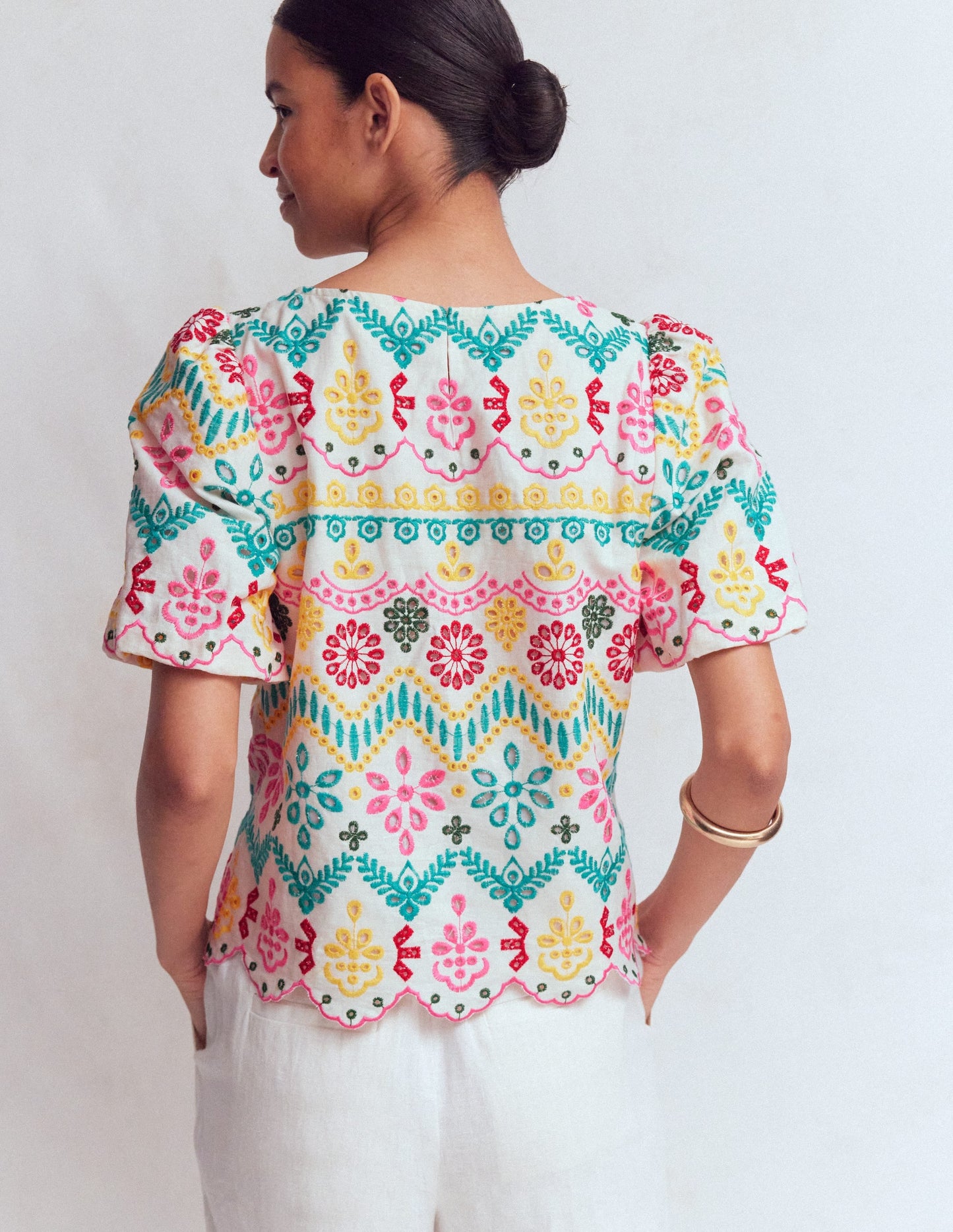 Linen Puff Sleeve Top-Multi Broderie