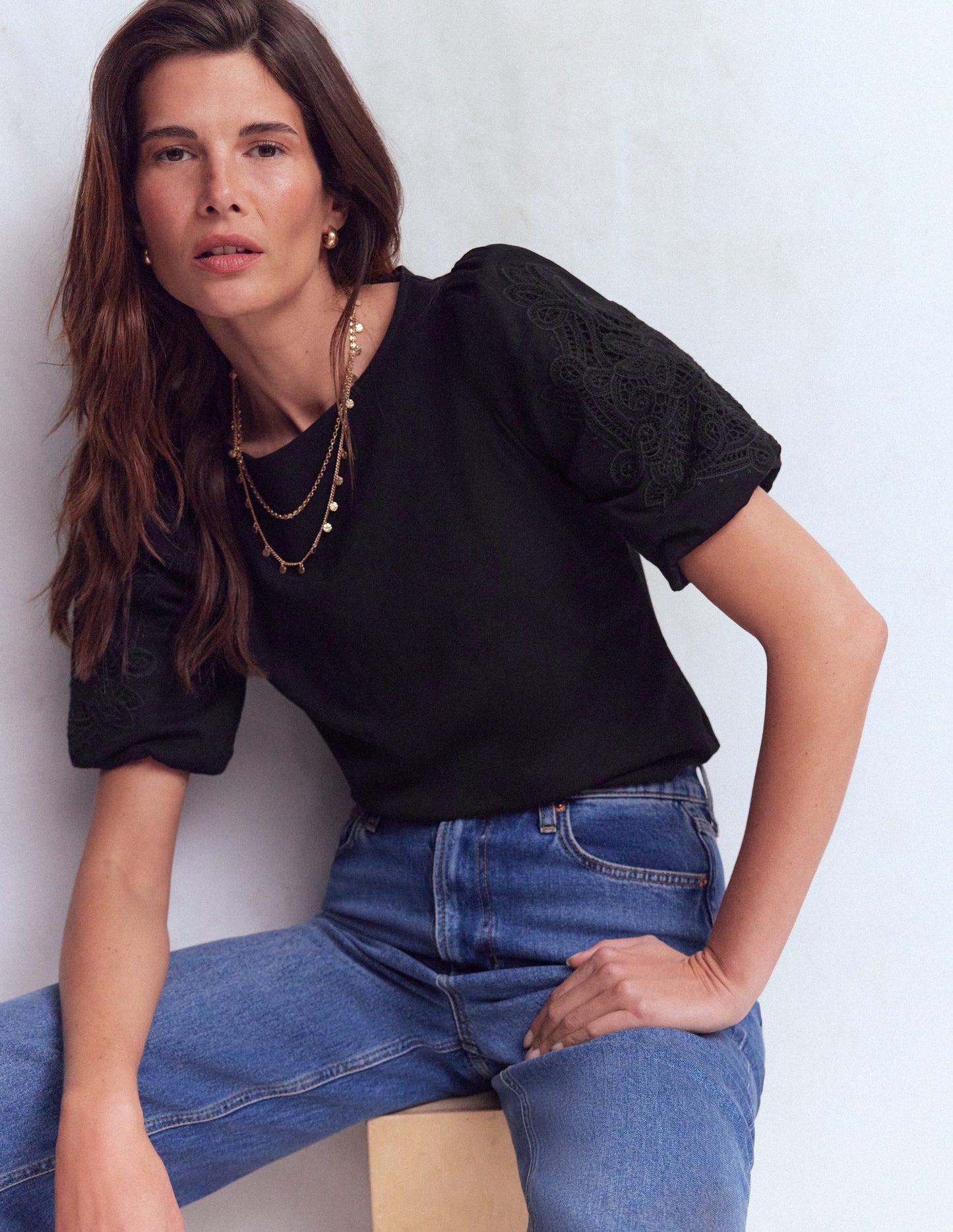 Cutwork Detail Jersey Top-Black