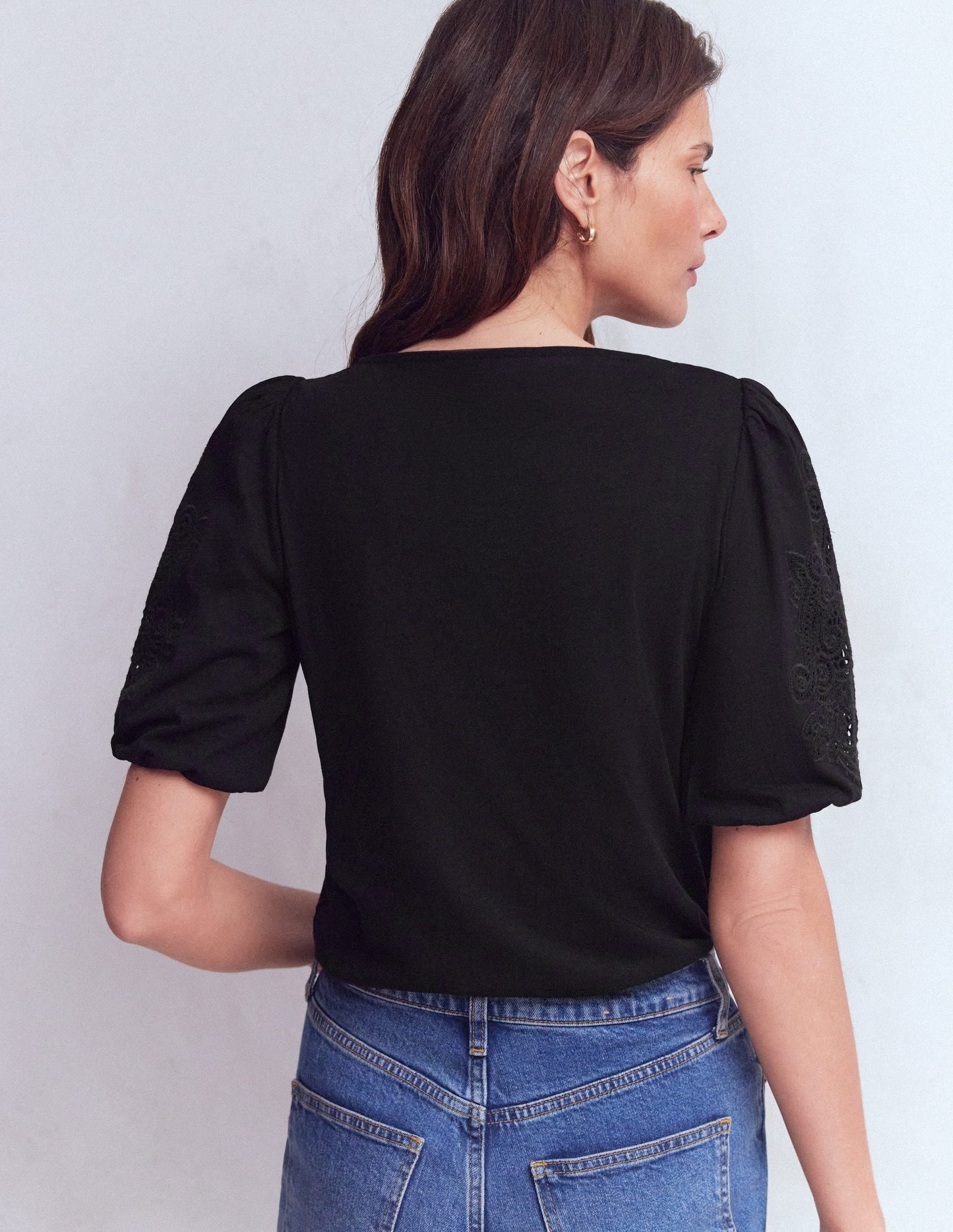 Cutwork Detail Jersey Top-Black