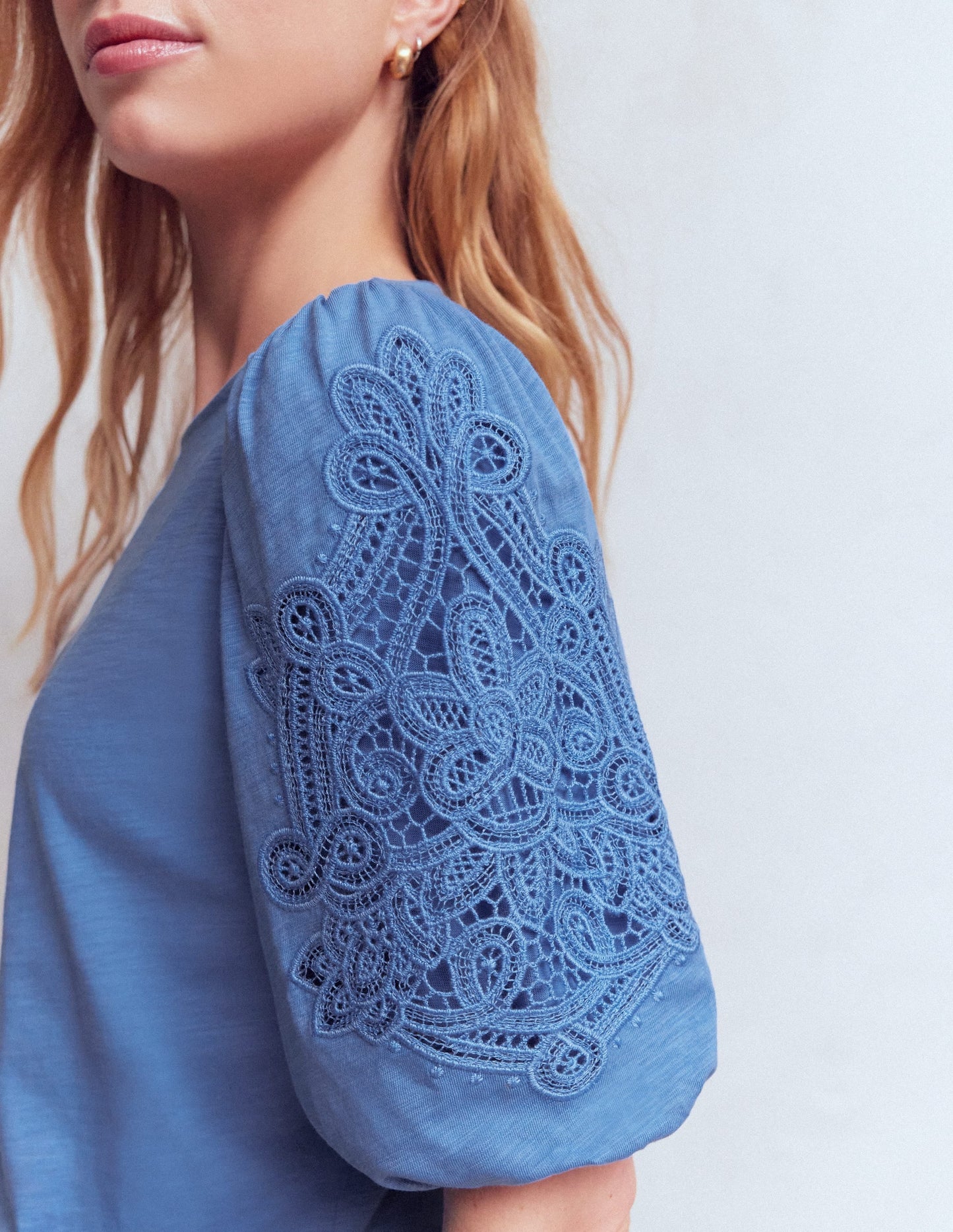Cutwork Detail Jersey Top-Forget Me Not Blue