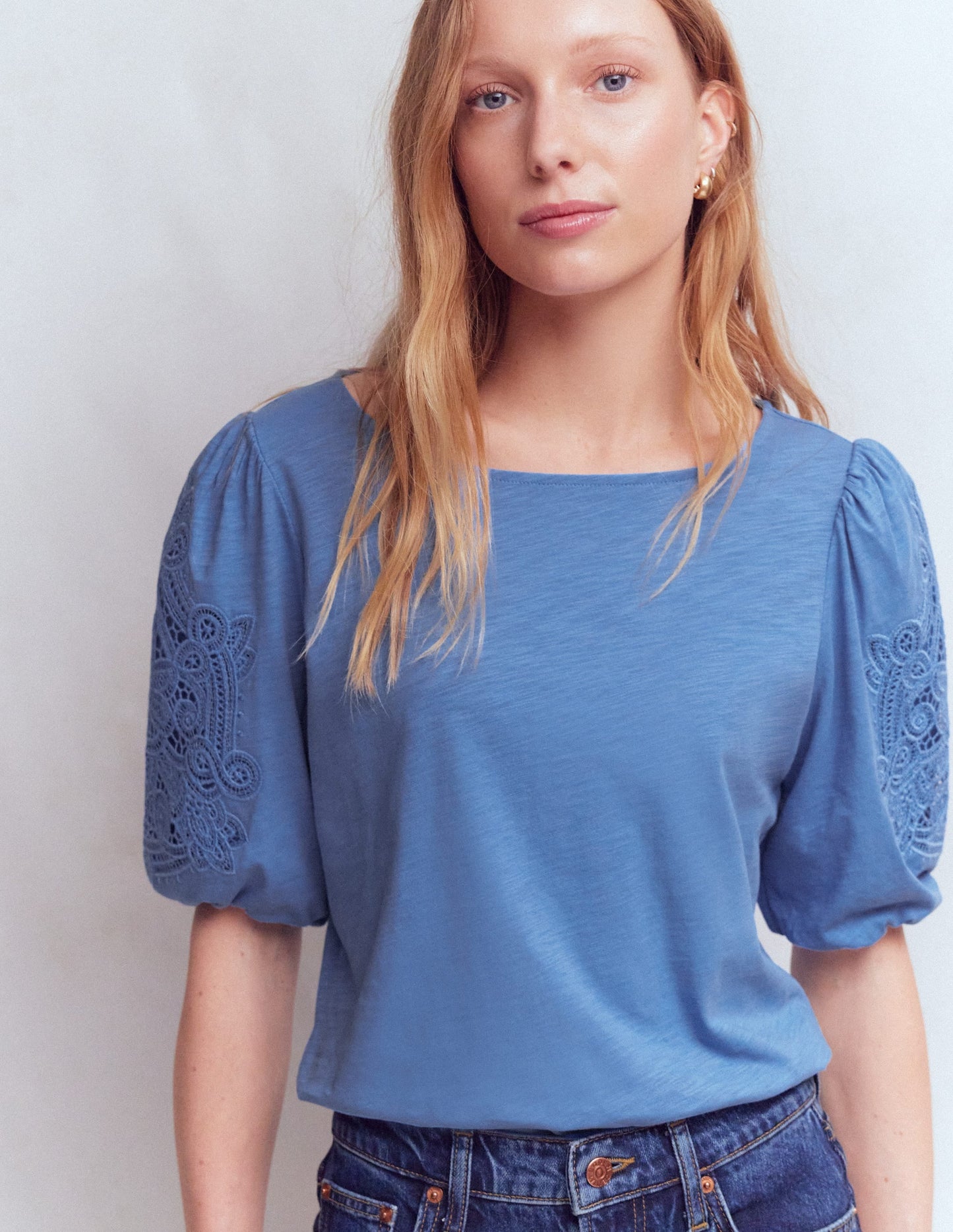 Cutwork Detail Jersey Top-Forget Me Not Blue