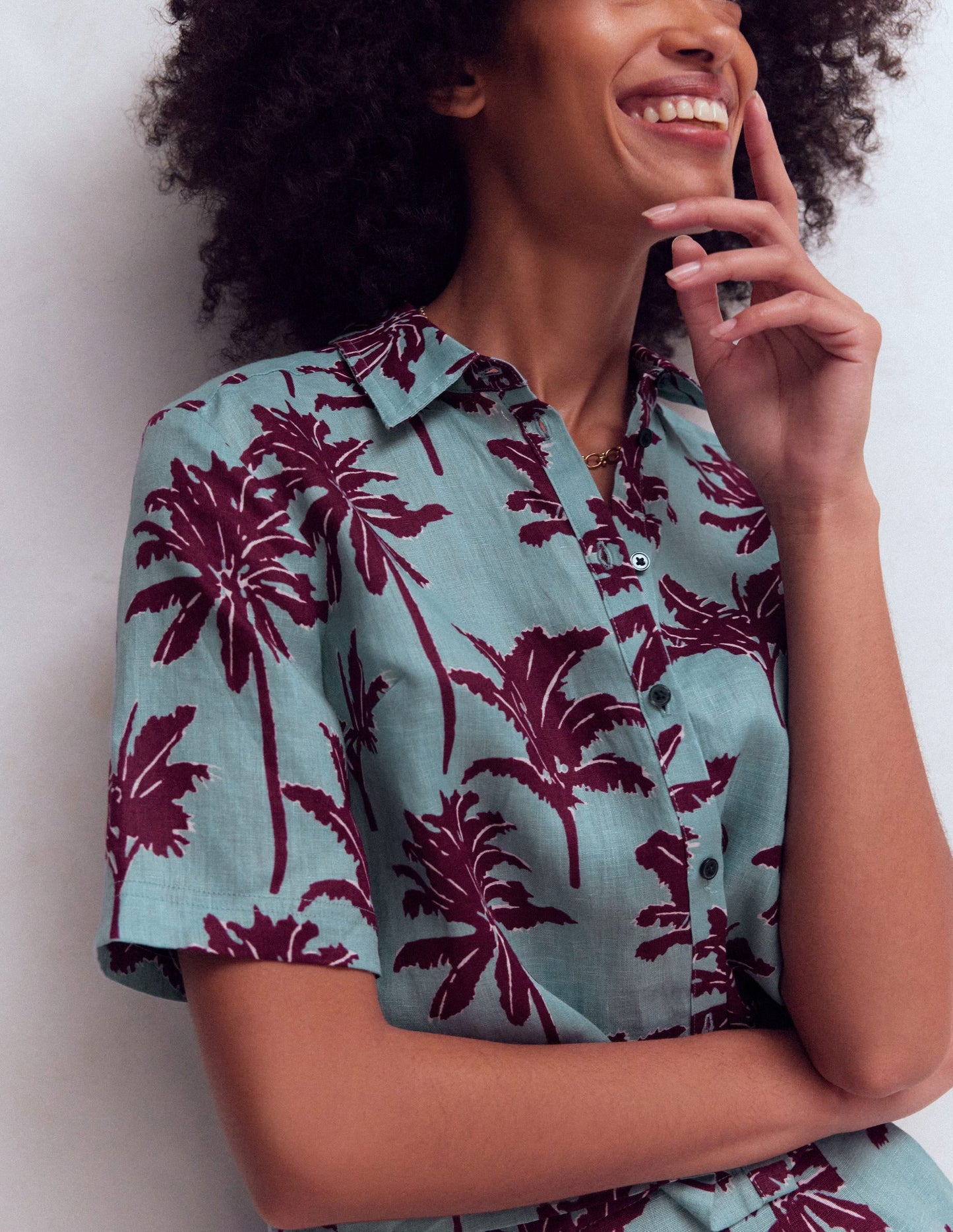 Short Sleeve Linen Shirt-Seamist Blue, Palm Paradise