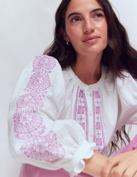 Camille Double Cloth Top-White Embroidery