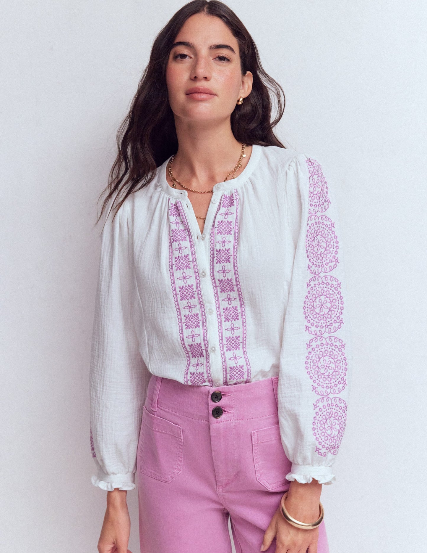 Camille Double Cloth Top-White Embroidery