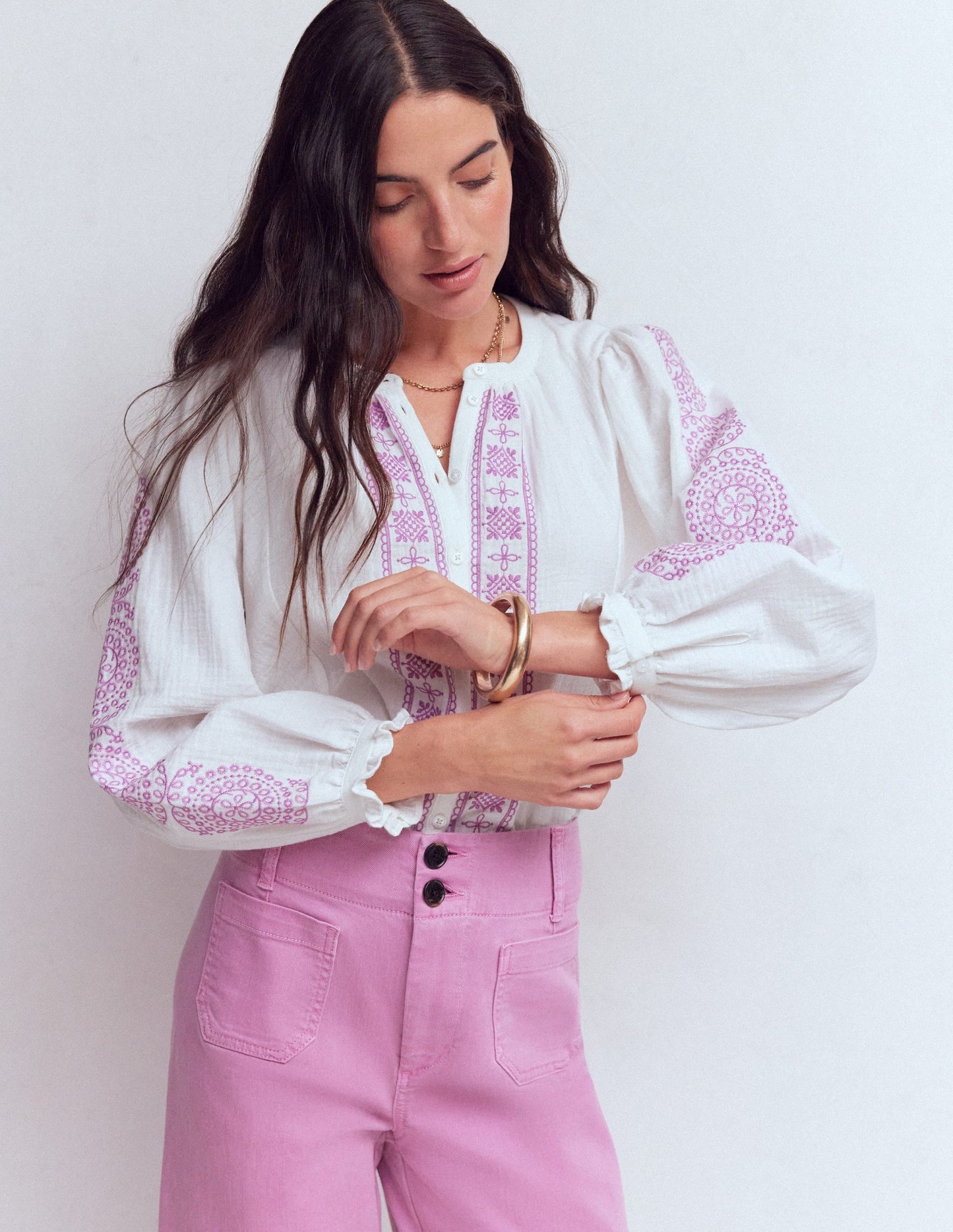 Camille Double Cloth Top-White Embroidery