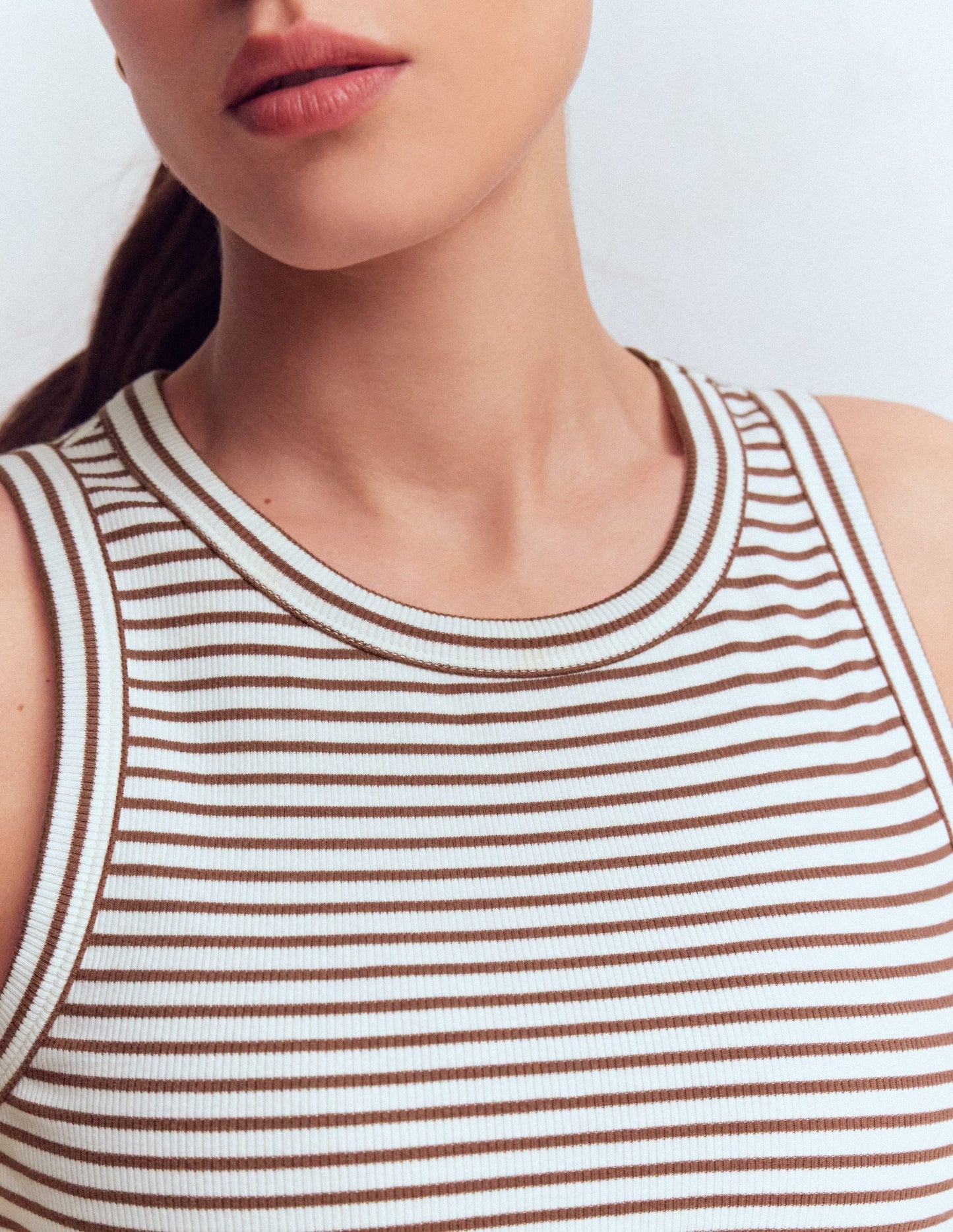 Ribbed Cotton Vest-Ivory & Brown Stripe