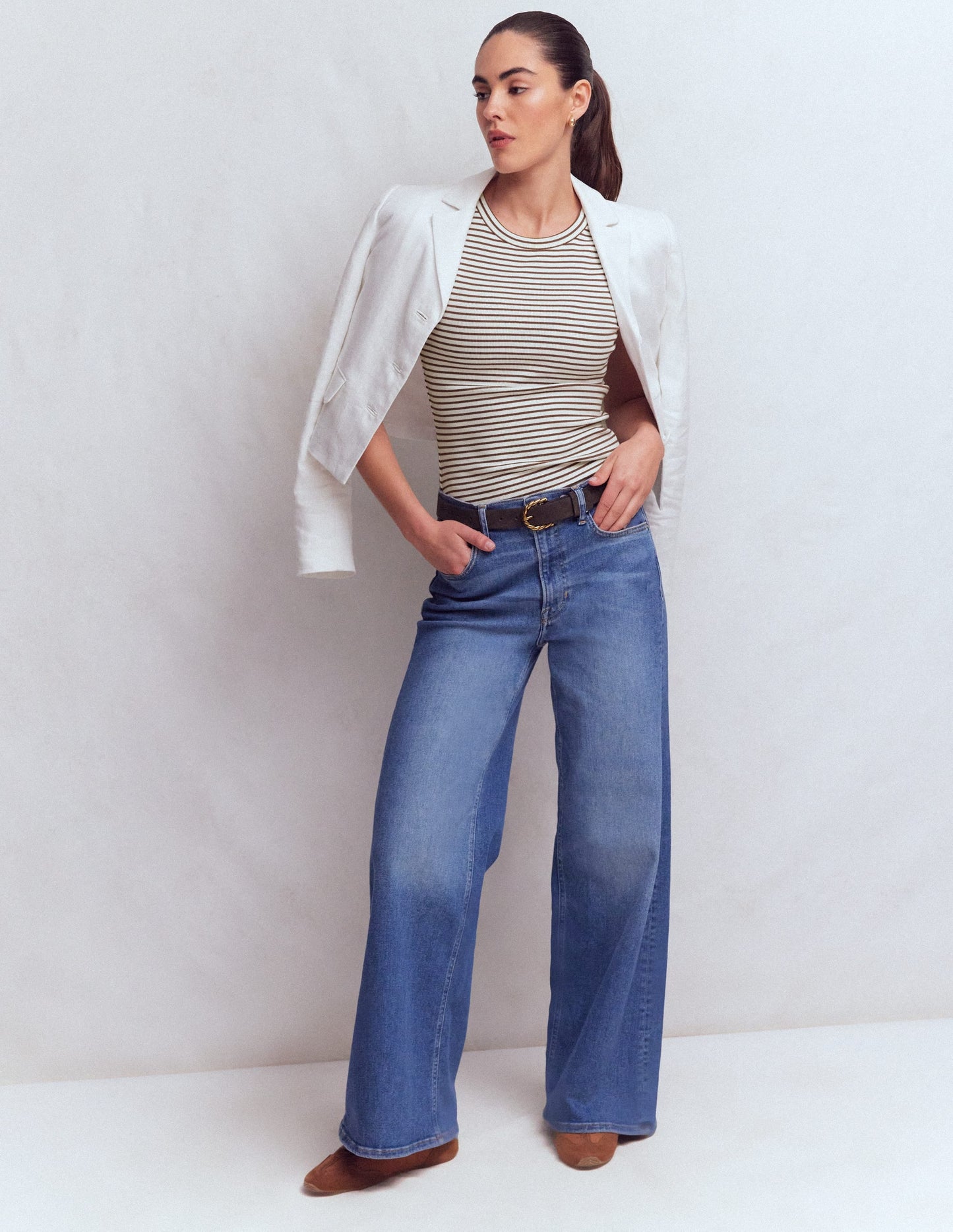 Ribbed Cotton Vest-Ivory & Brown Stripe