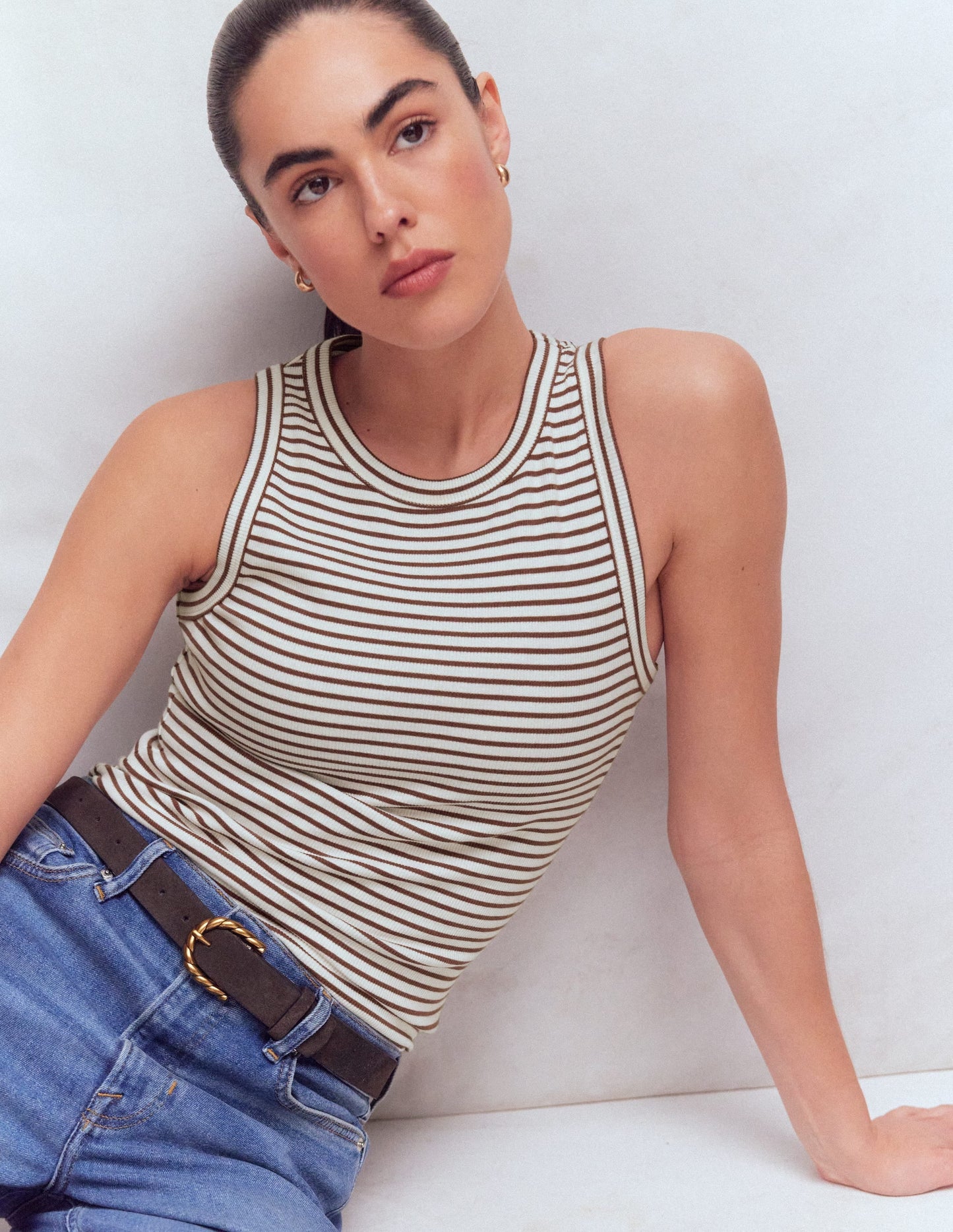 Ribbed Cotton Vest-Ivory & Brown Stripe