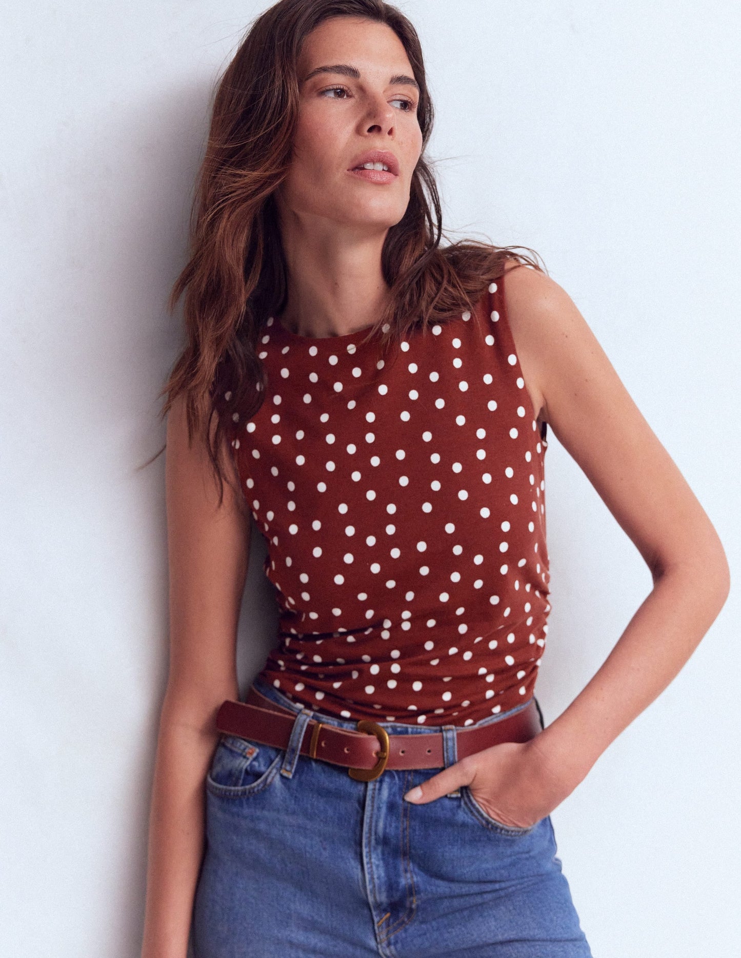 Tia Sleeveless Ruch Jersey Top-Bitter Chocolate & Ivory Spot