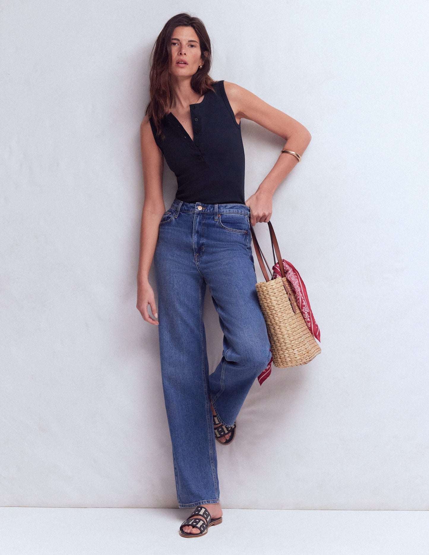 Woven Mix Ribbed Henley Vest-Navy