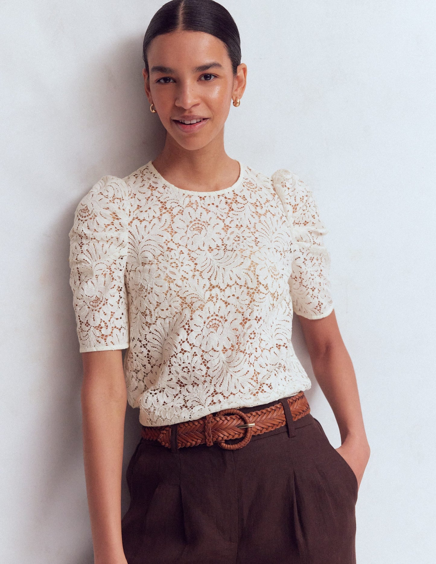 Pleat Sleeve Lace T-shirt-Ivory