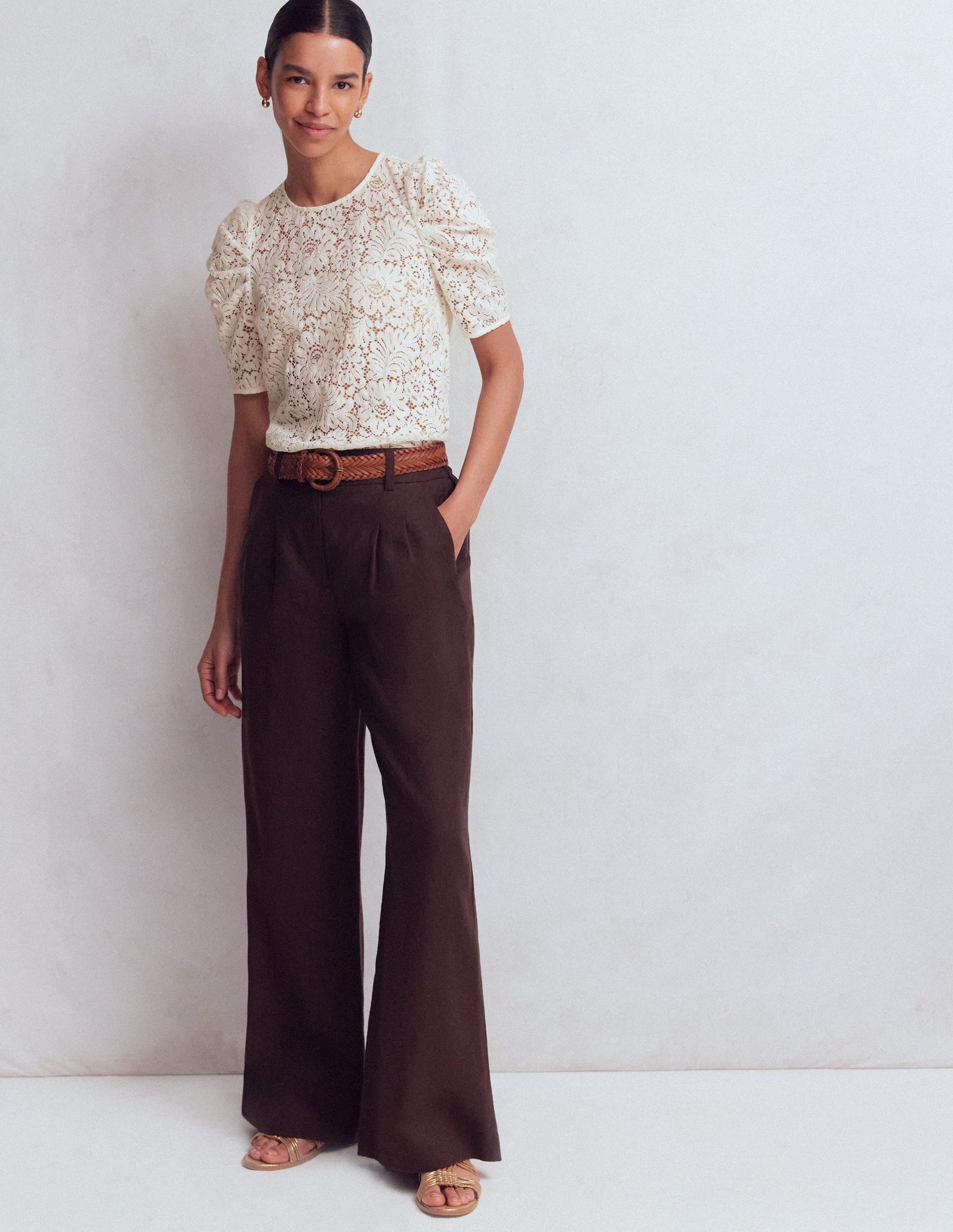 Pleat Sleeve Lace T-shirt-Ivory