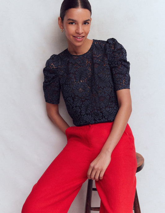 Pleat Sleeve Lace T-shirt-Navy