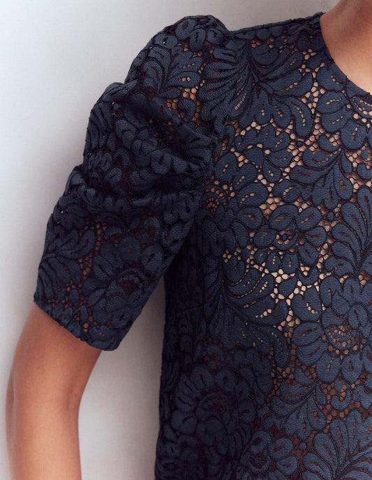 Pleat Sleeve Lace T-shirt-Navy
