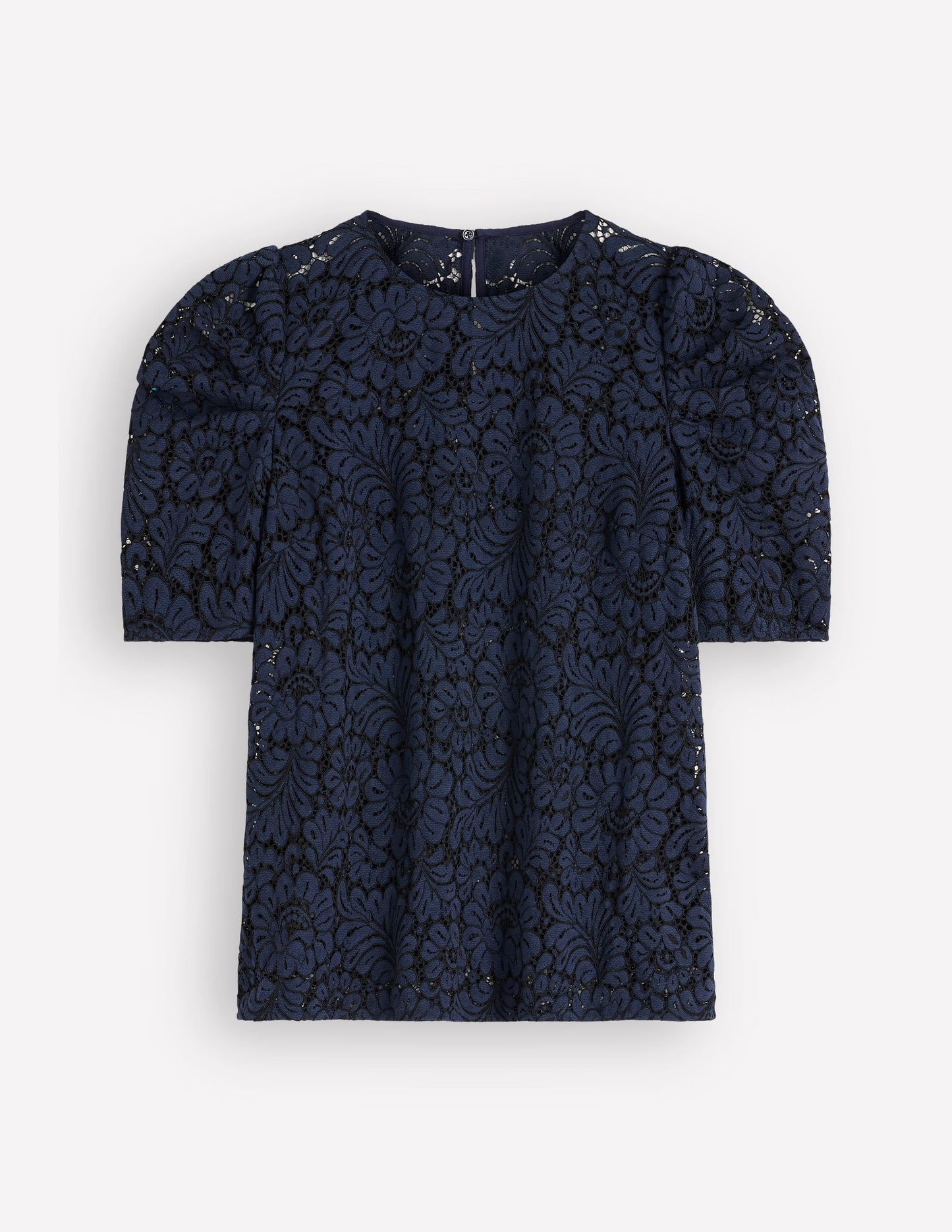 Pleat Sleeve Lace T-shirt-Navy