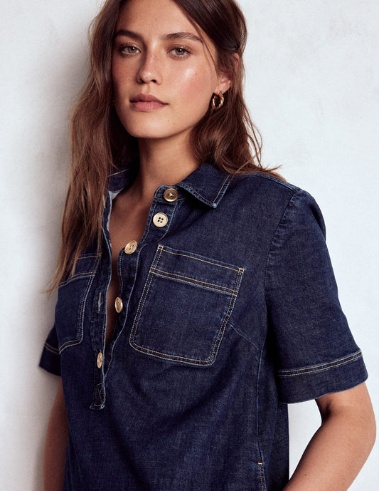 Zia Pocket Shift Dress-Dark Indigo