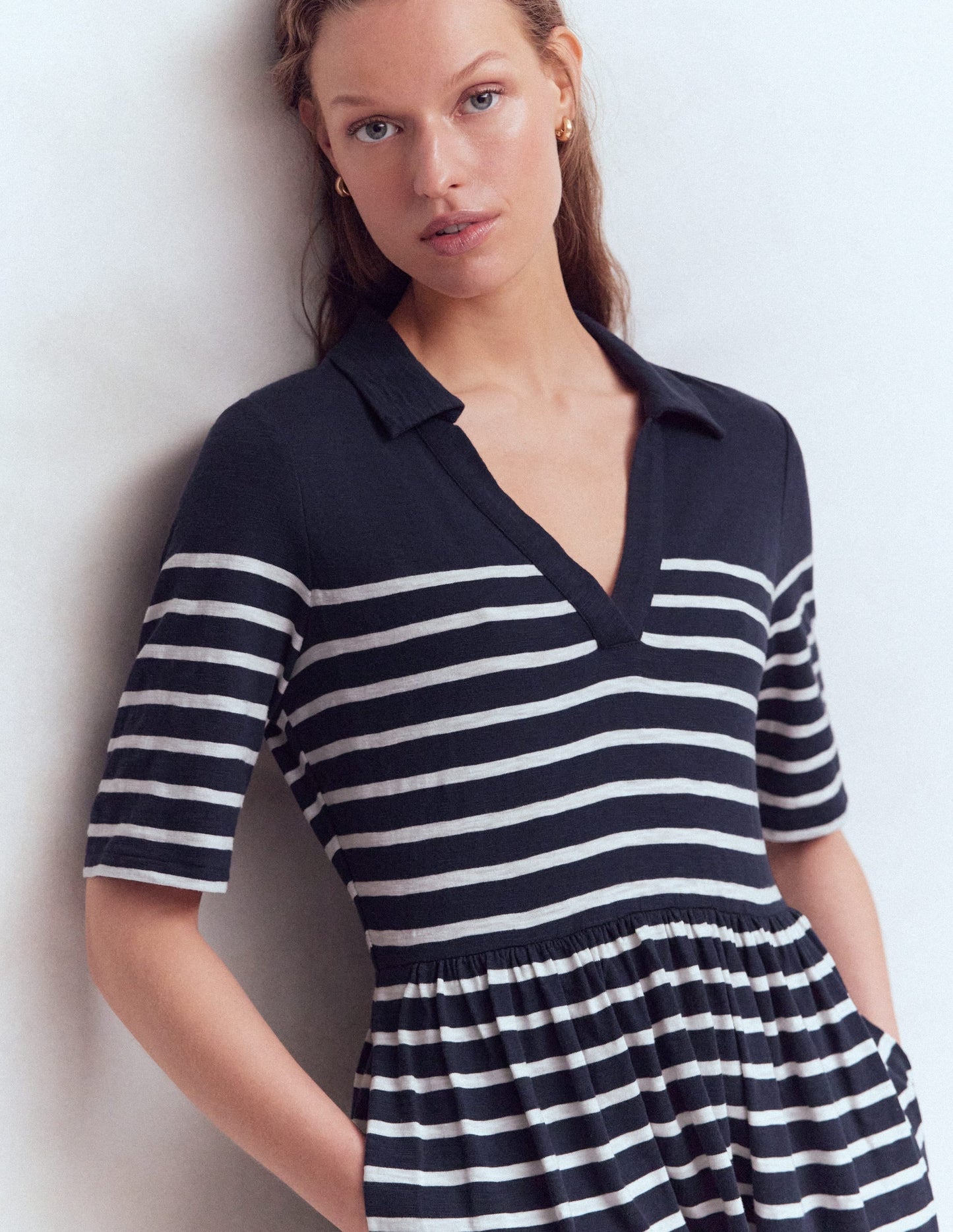 Aria Collared Jersey Dress-Navy, Ivory Stripe