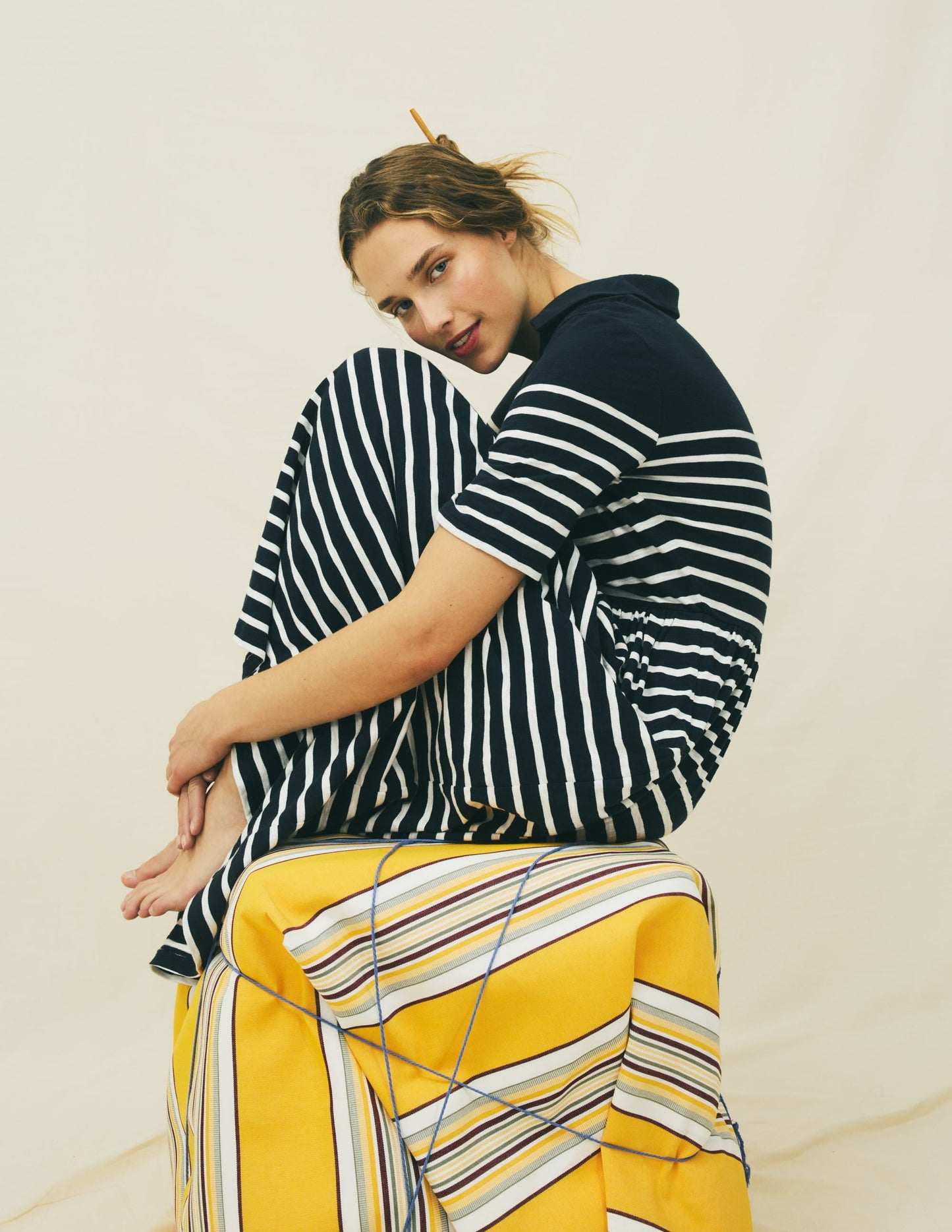 Aria Collared Jersey Dress-Navy, Ivory Stripe