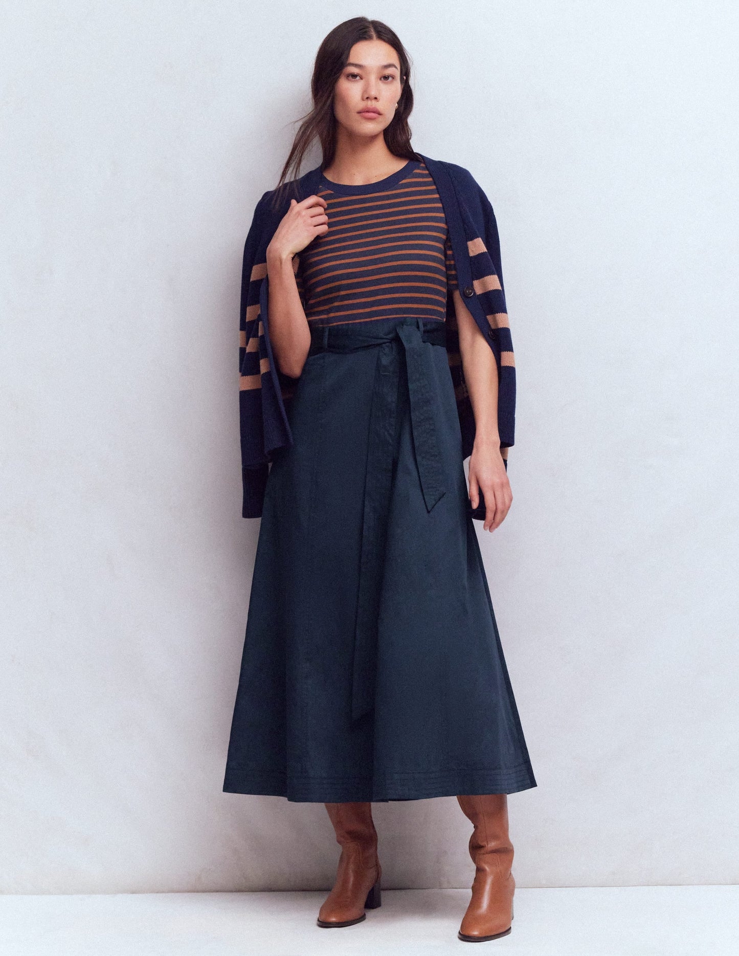 Crew Neck Mix Media Dress-Navy and Gingerbread Stripe
