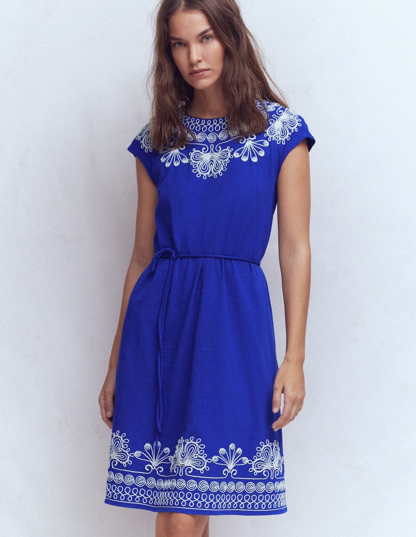 Embroidered Jersey Short Dress-Bright Blue