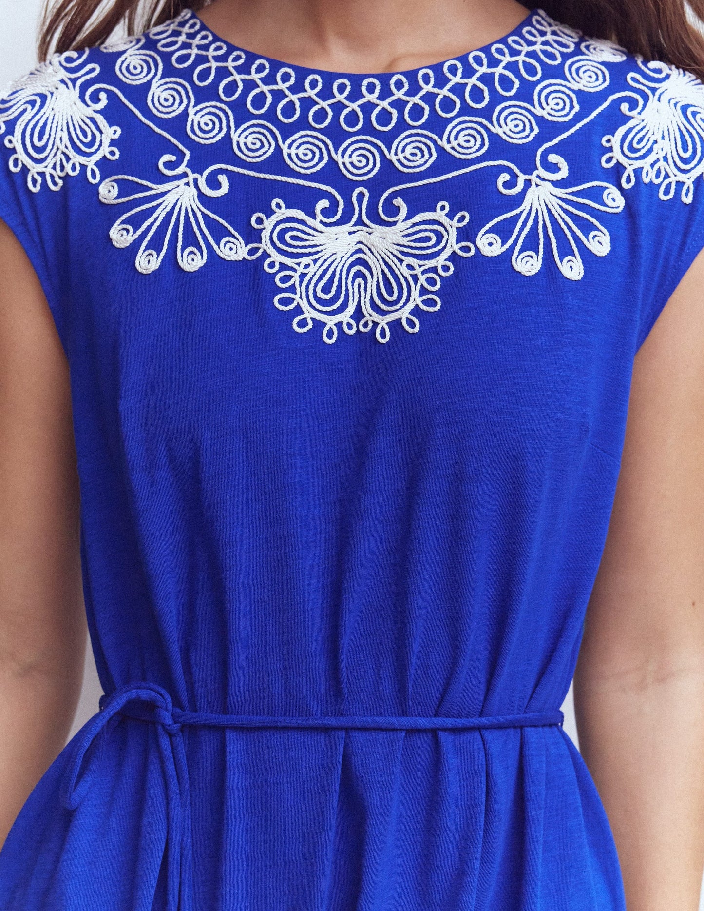 Embroidered Jersey Short Dress-Bright Blue