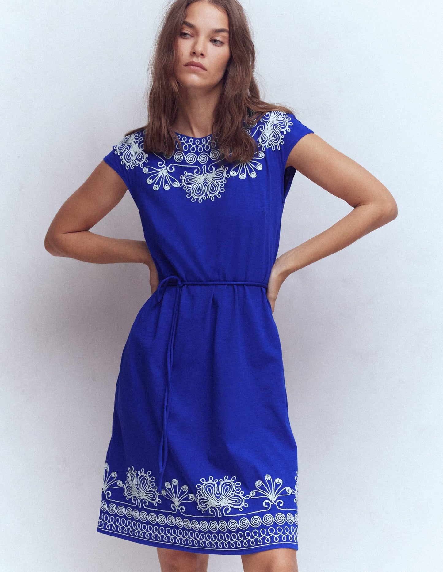 Embroidered Jersey Short Dress-Bright Blue