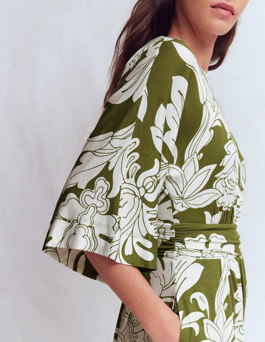 Imelda Kimono Jersey Dress-Olive, Botanical Flourish Mono