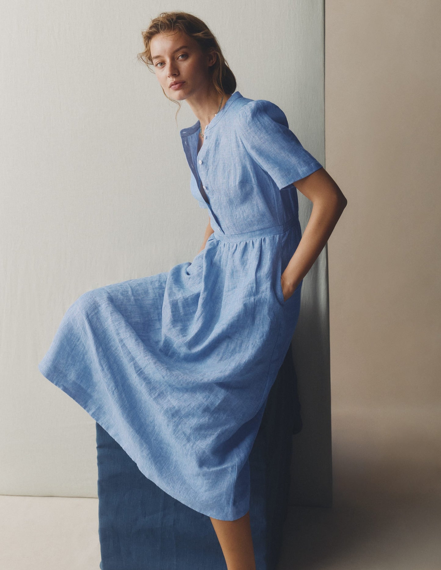 Ivy Button Linen Midi Dress-Summer Blue Chambray