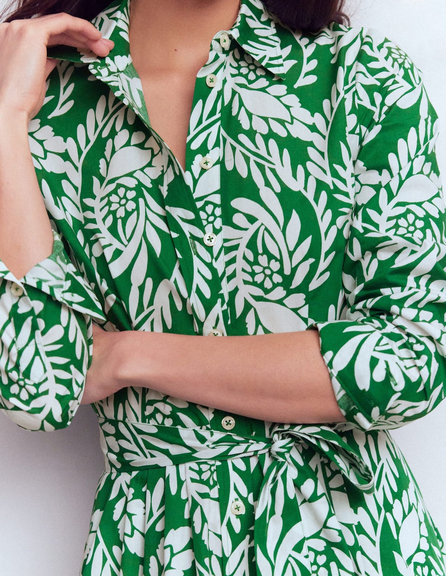 Alexa Cotton Midi Shirt Dress-Fresh Green, Scattered Vine