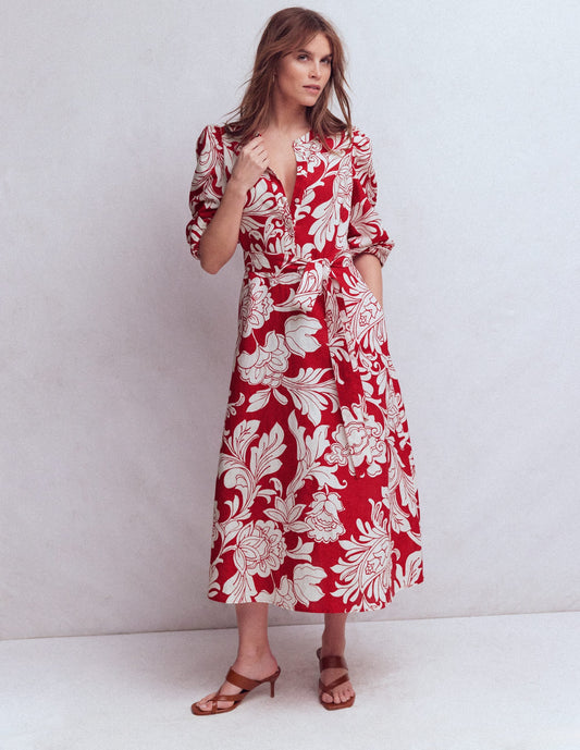 Ava Linen Blend Midi Dress-Salsa, Botanical Flourish