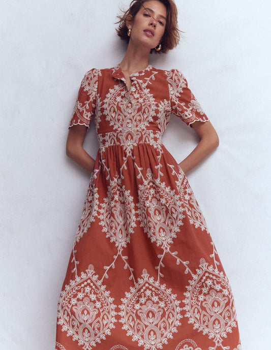 Ivy Button Cotton Midi Dress-Rust Embroidery