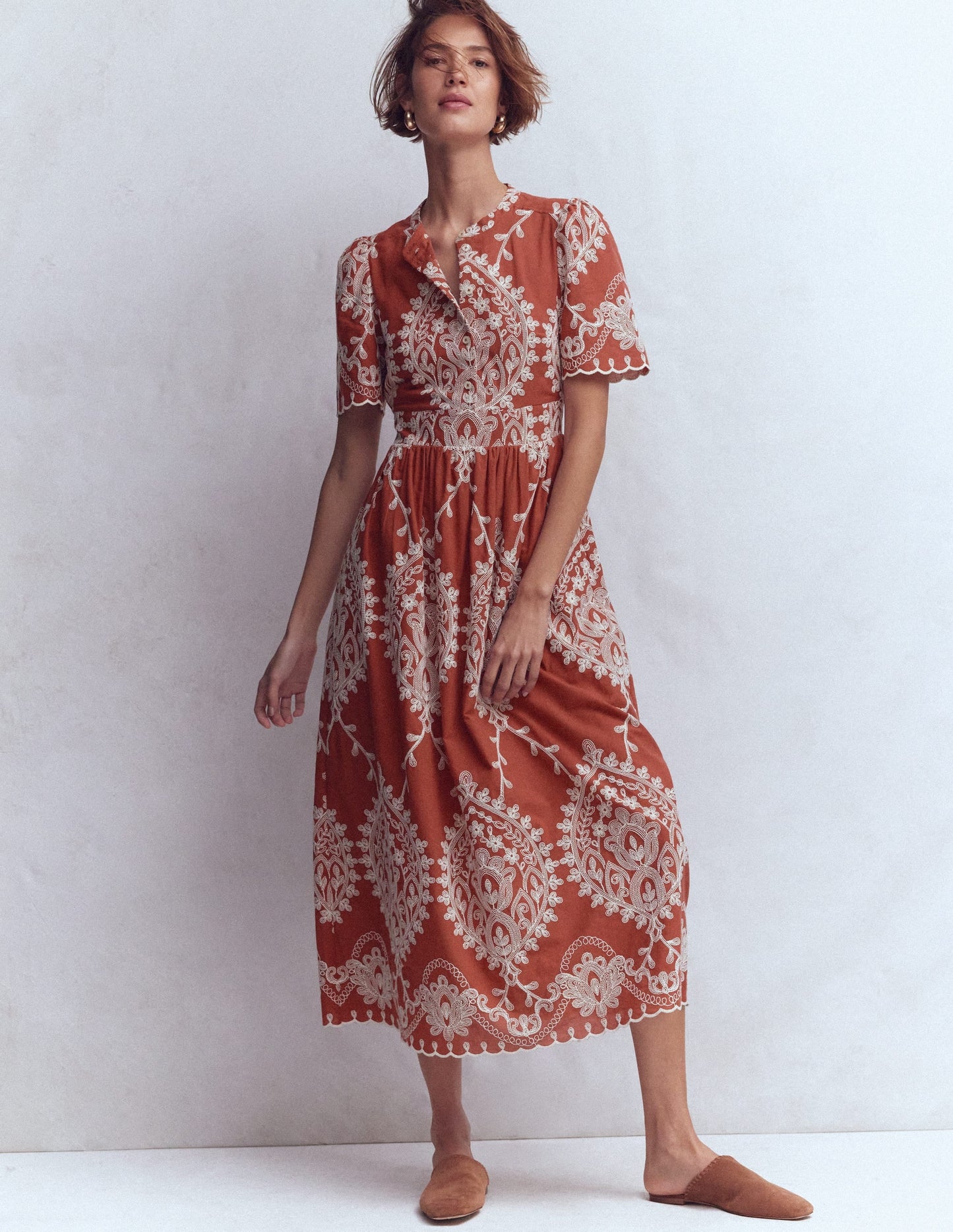Ivy Button Cotton Midi Dress-Rust Embroidery
