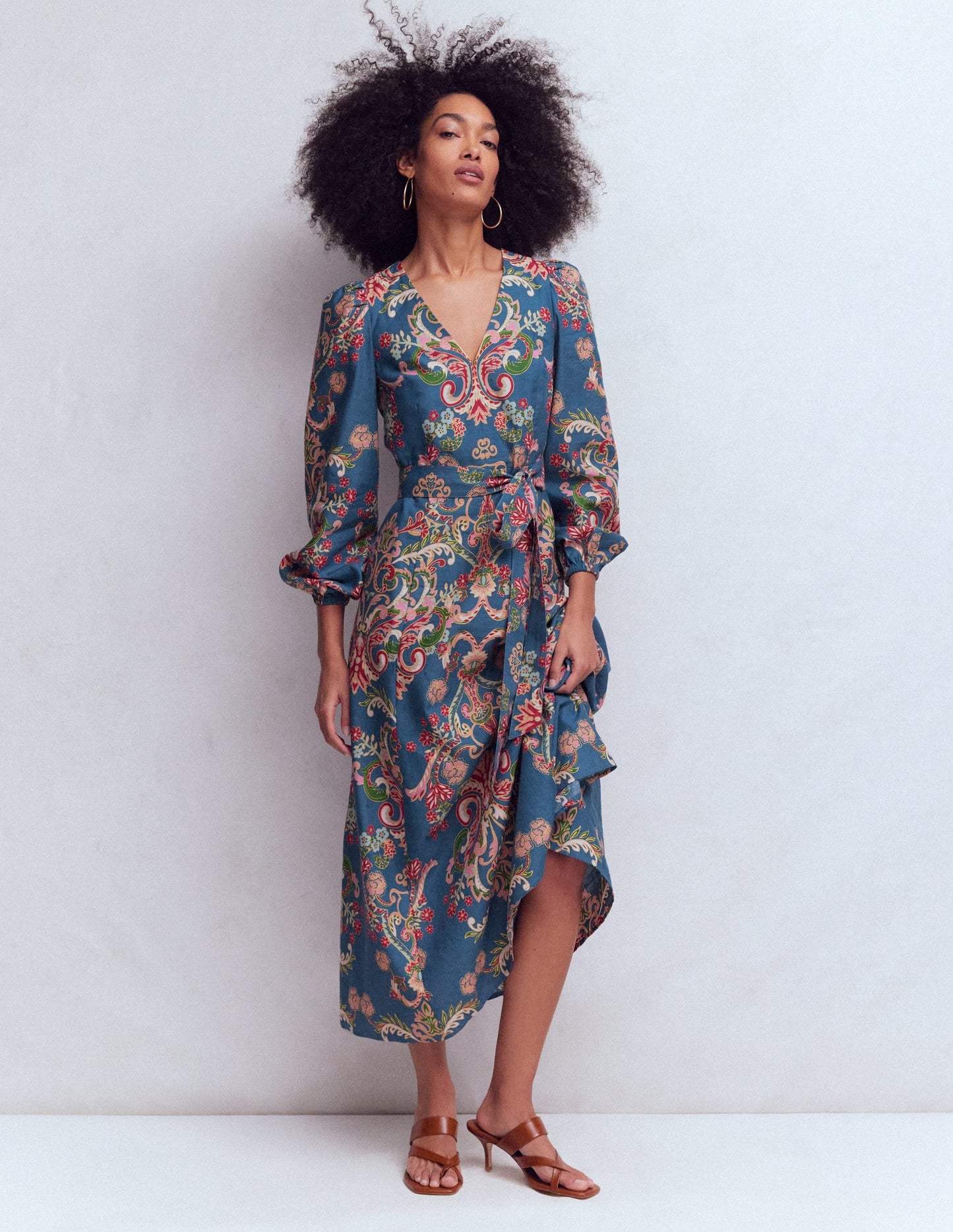 Florence Linen Blend Dress-Blue, Enchanting Bouquet