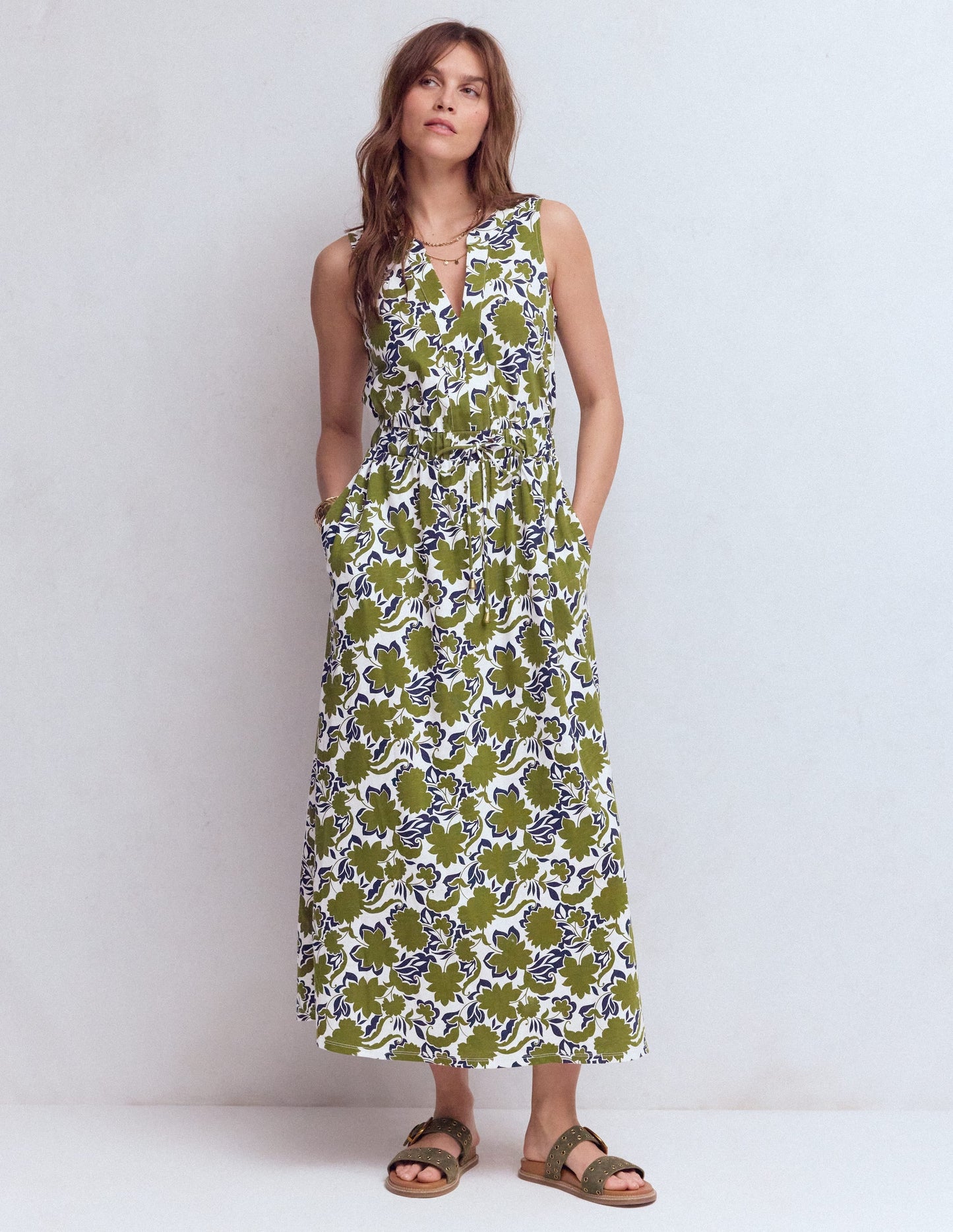 Delphine Midi Jersey Dress-Olive, Shadow Blossom