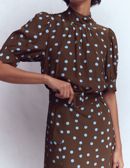 High Neck Belted Dress-Raw Umber, Painted Dot