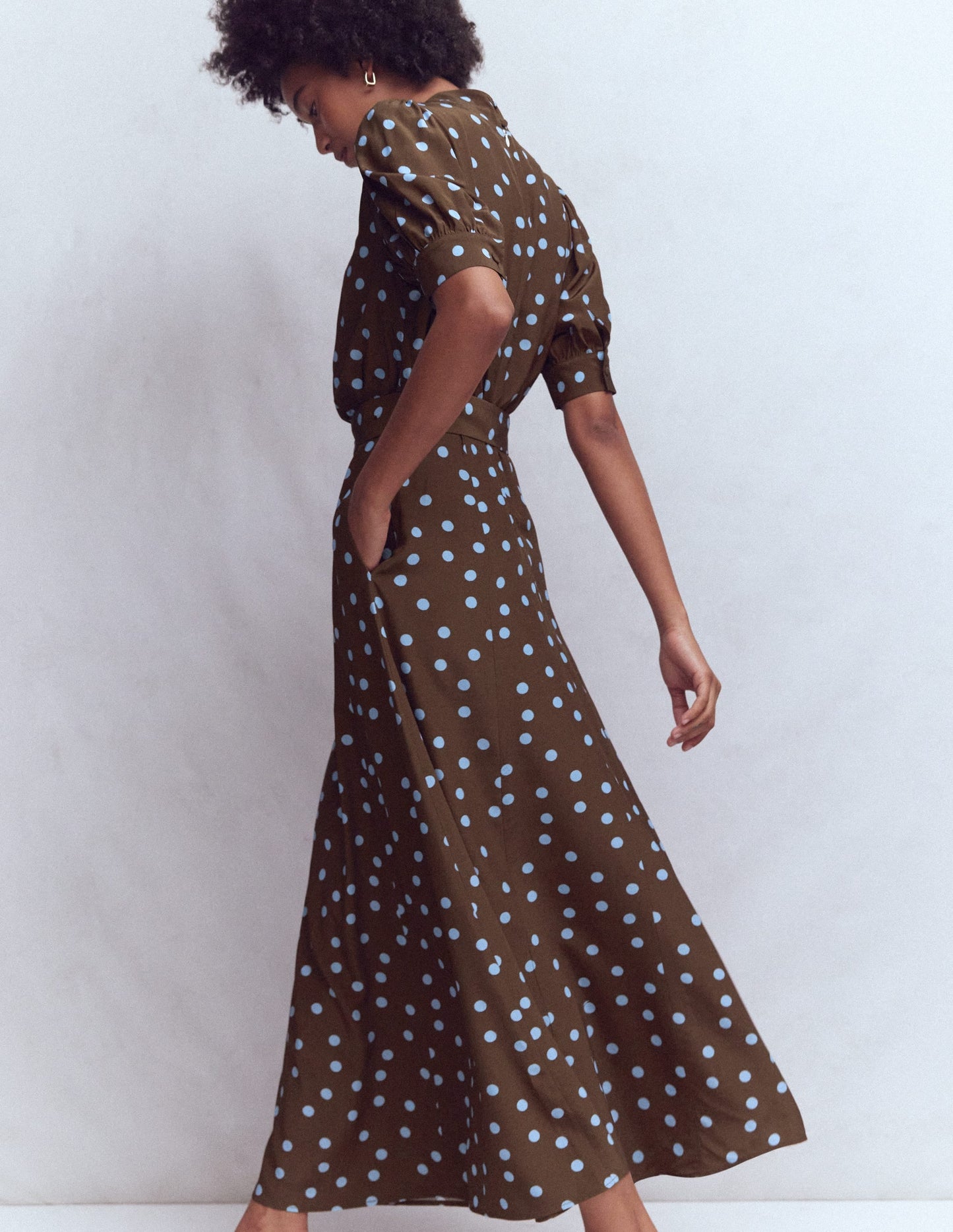High Neck Belted Dress-Raw Umber, Painted Dot