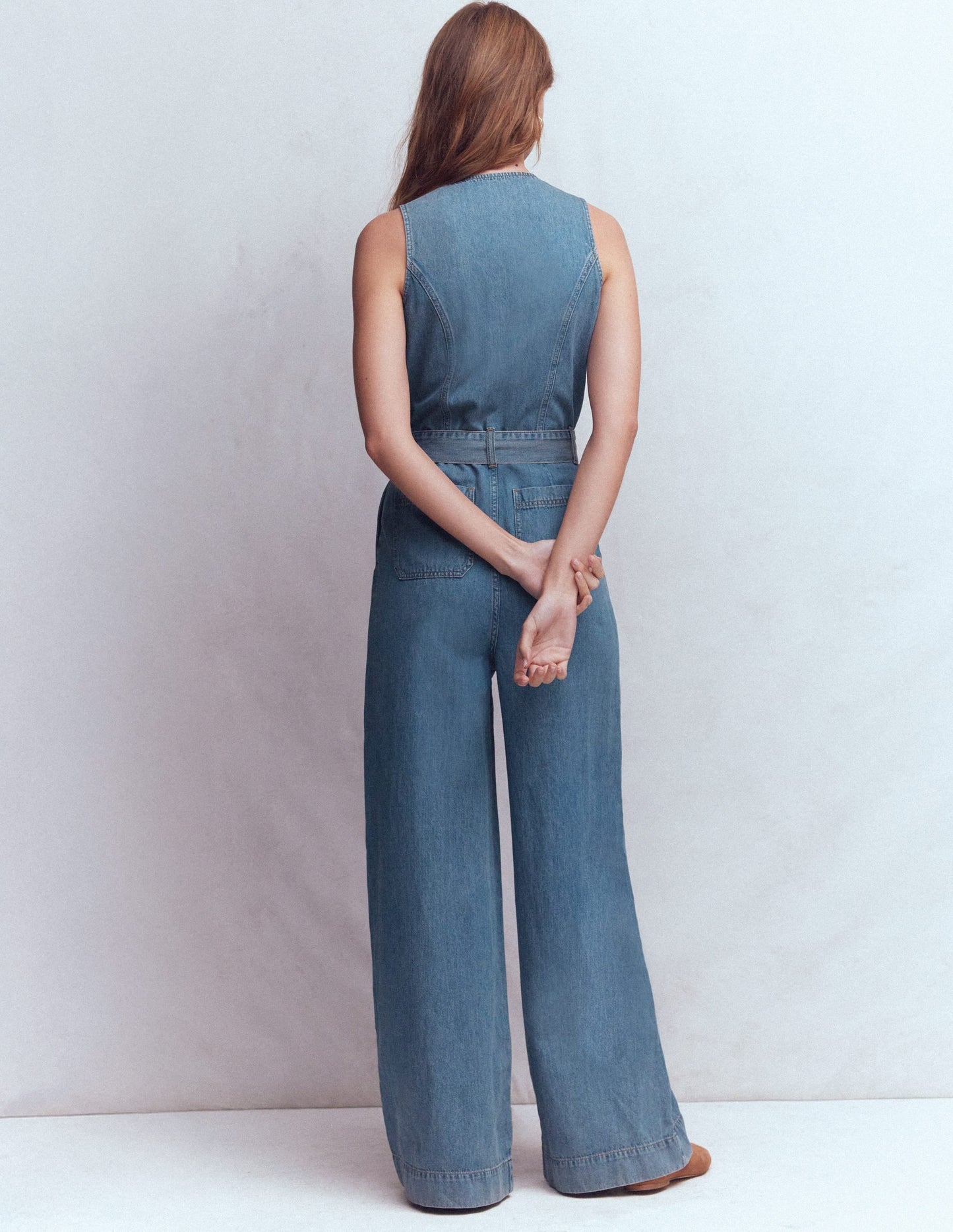 Sleeveless Denim Jumpsuit-Mid Vintage Wash