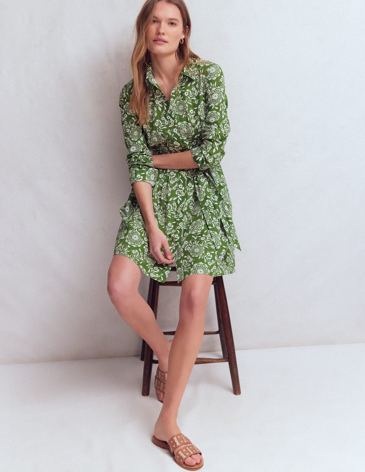 Alexa Long Sleeve Short Dress-Green, Decorative Blossom