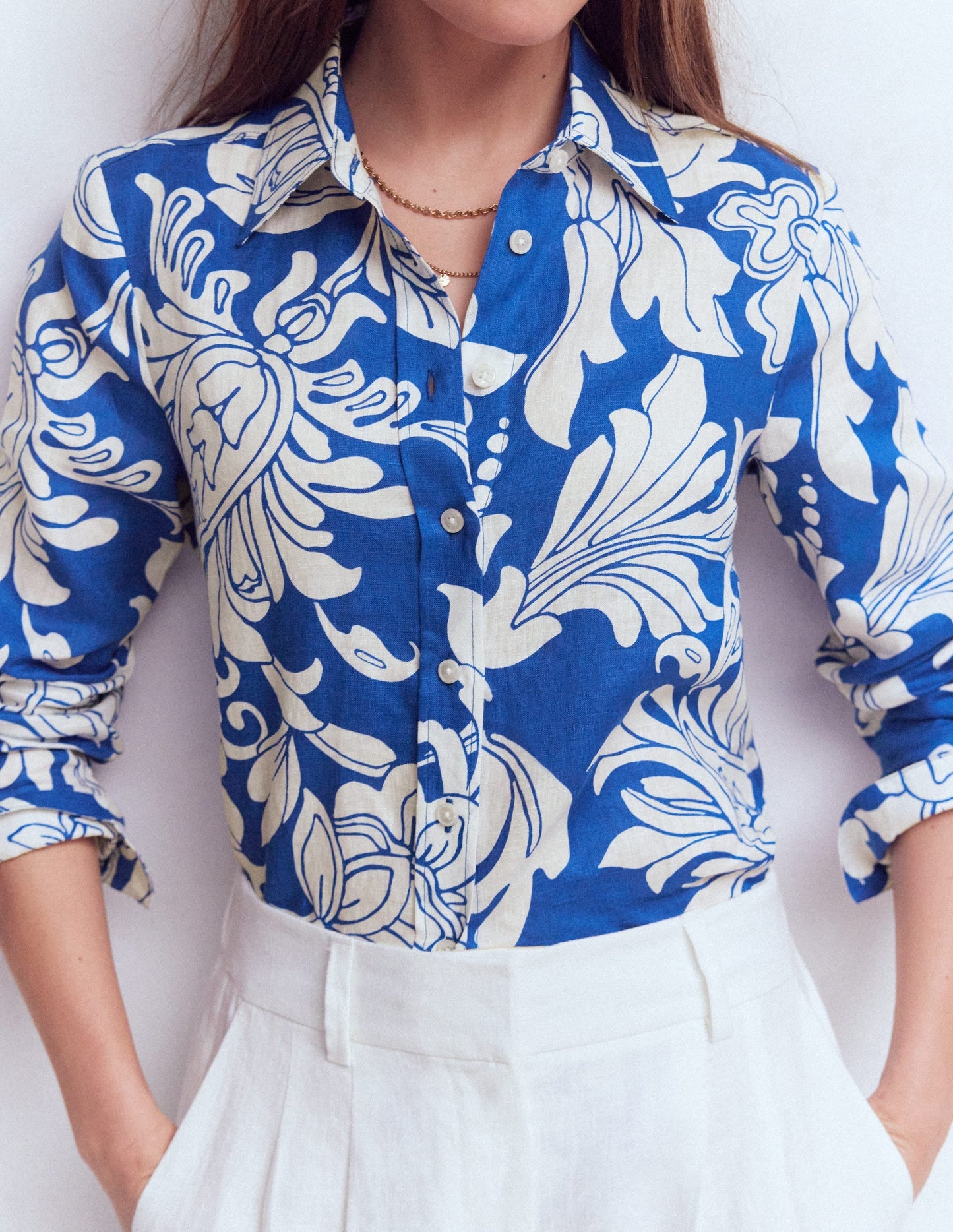Sienna Linen Shirt-Blue, Botanical Flourish