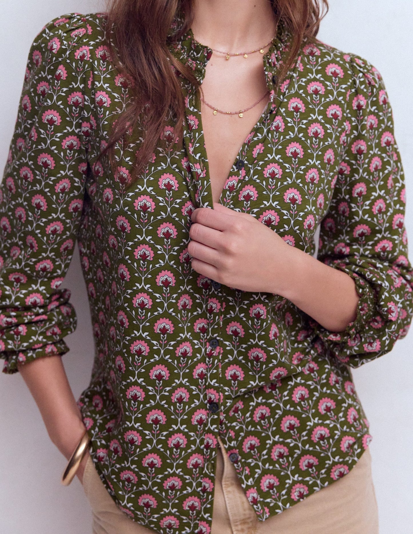 Effie Smocked Detail Shirt-Mayfly, Flower Lattice