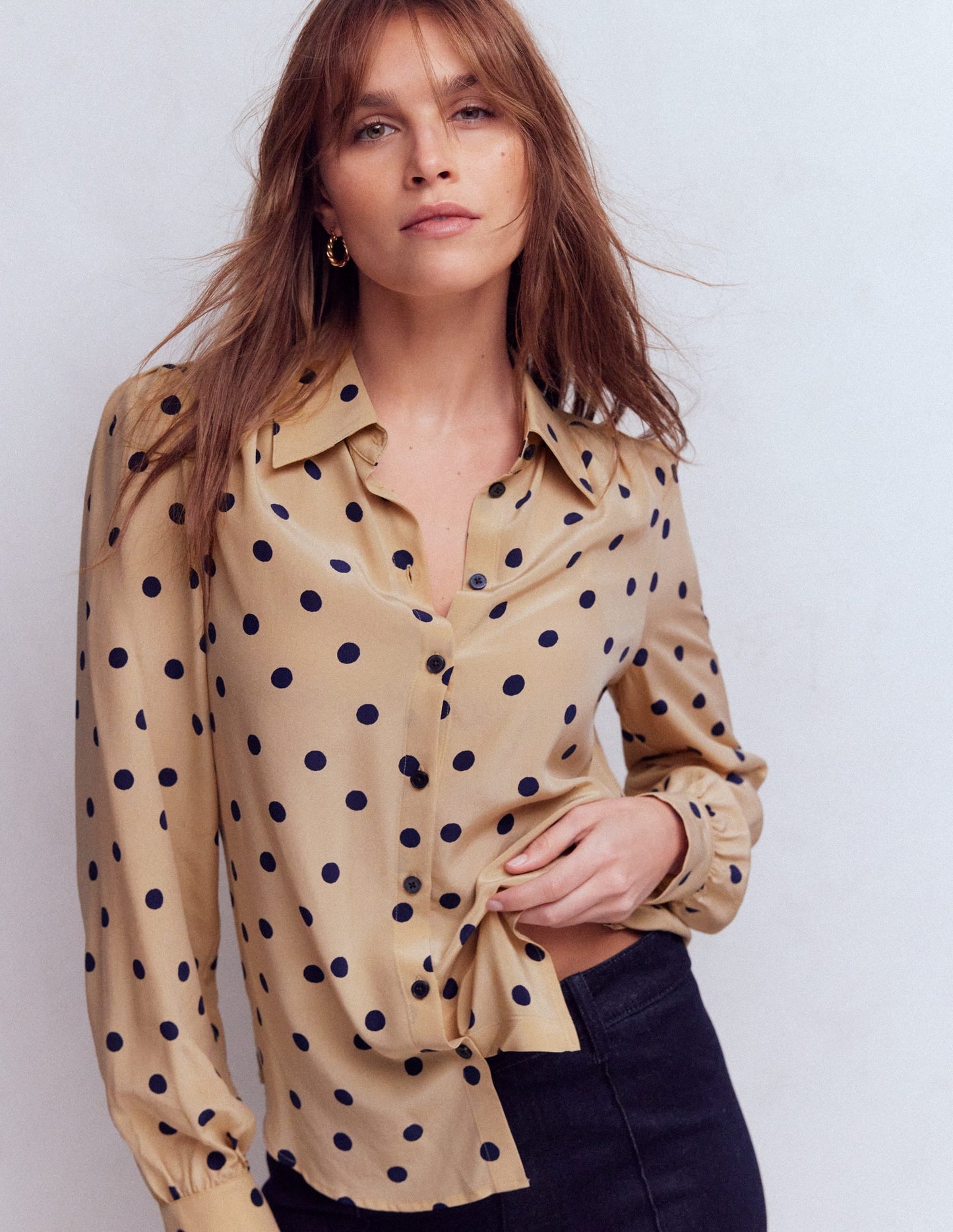 Sara Silk Shirt-Sand, Painted Dot Spaced