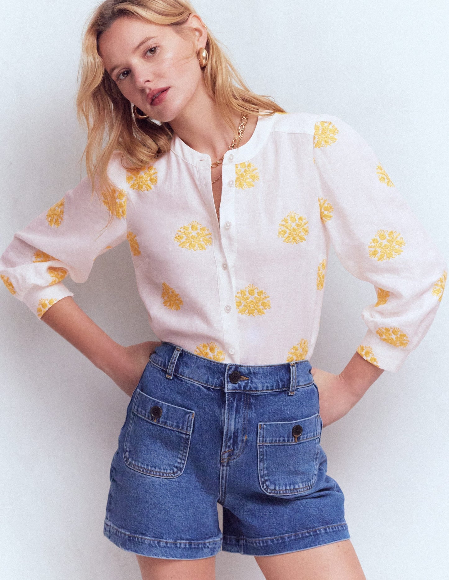 Alicia Linen Top-White, Floral embroidery