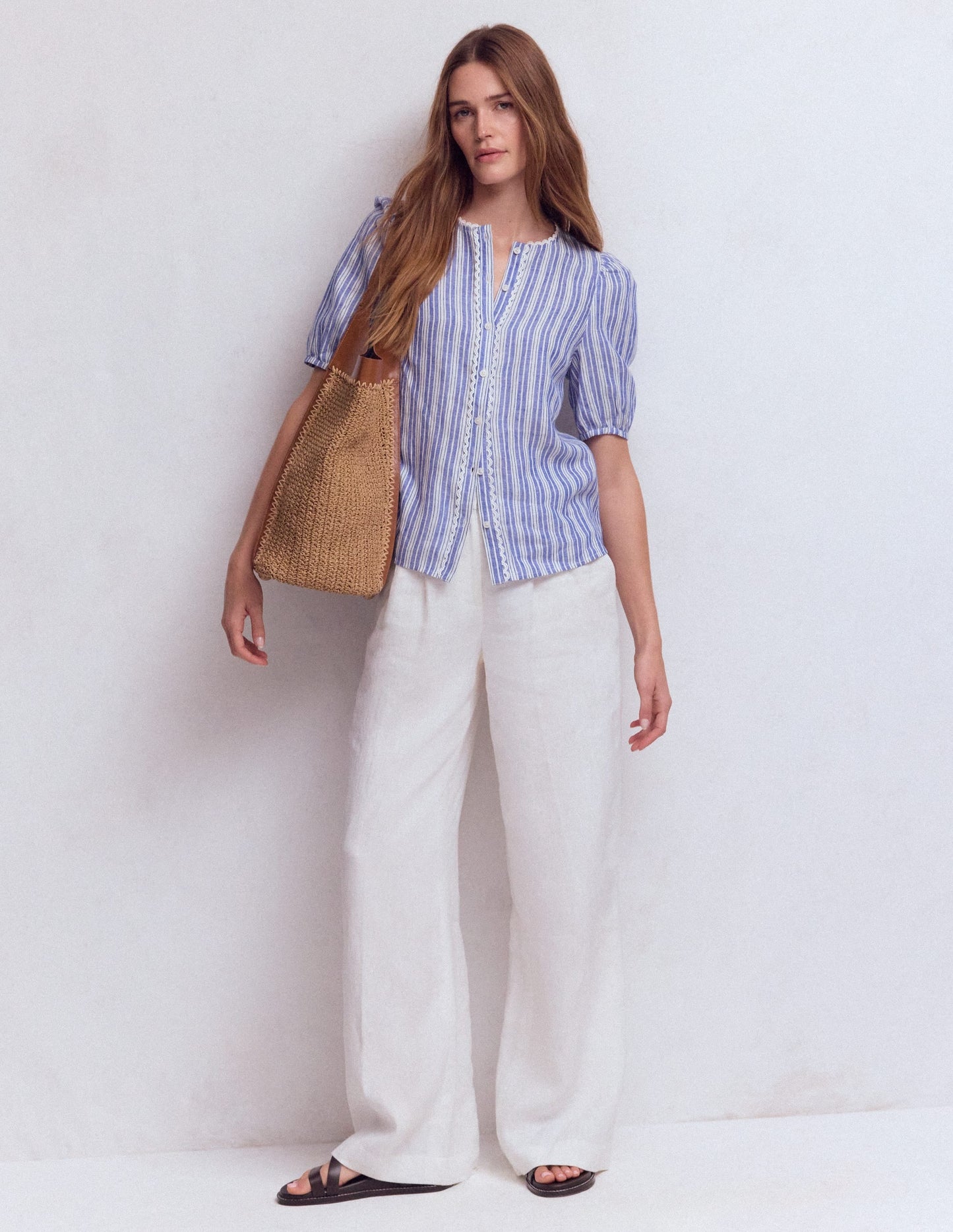 Leah Short Sleeve Linen Top-Bright Blue Varigated Stripe