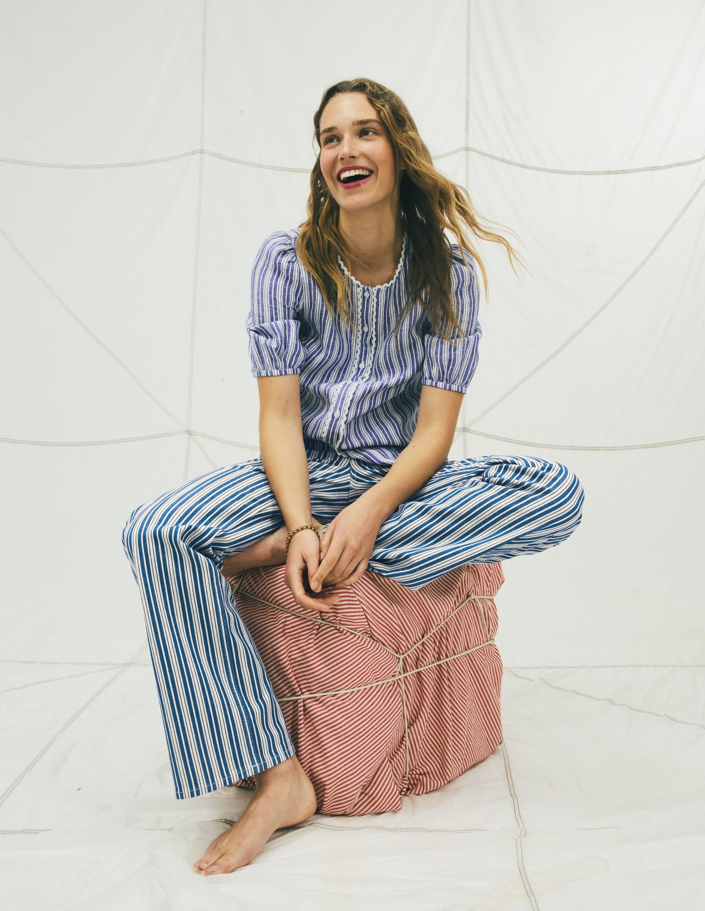 Leah Short Sleeve Linen Top-Bright Blue Varigated Stripe