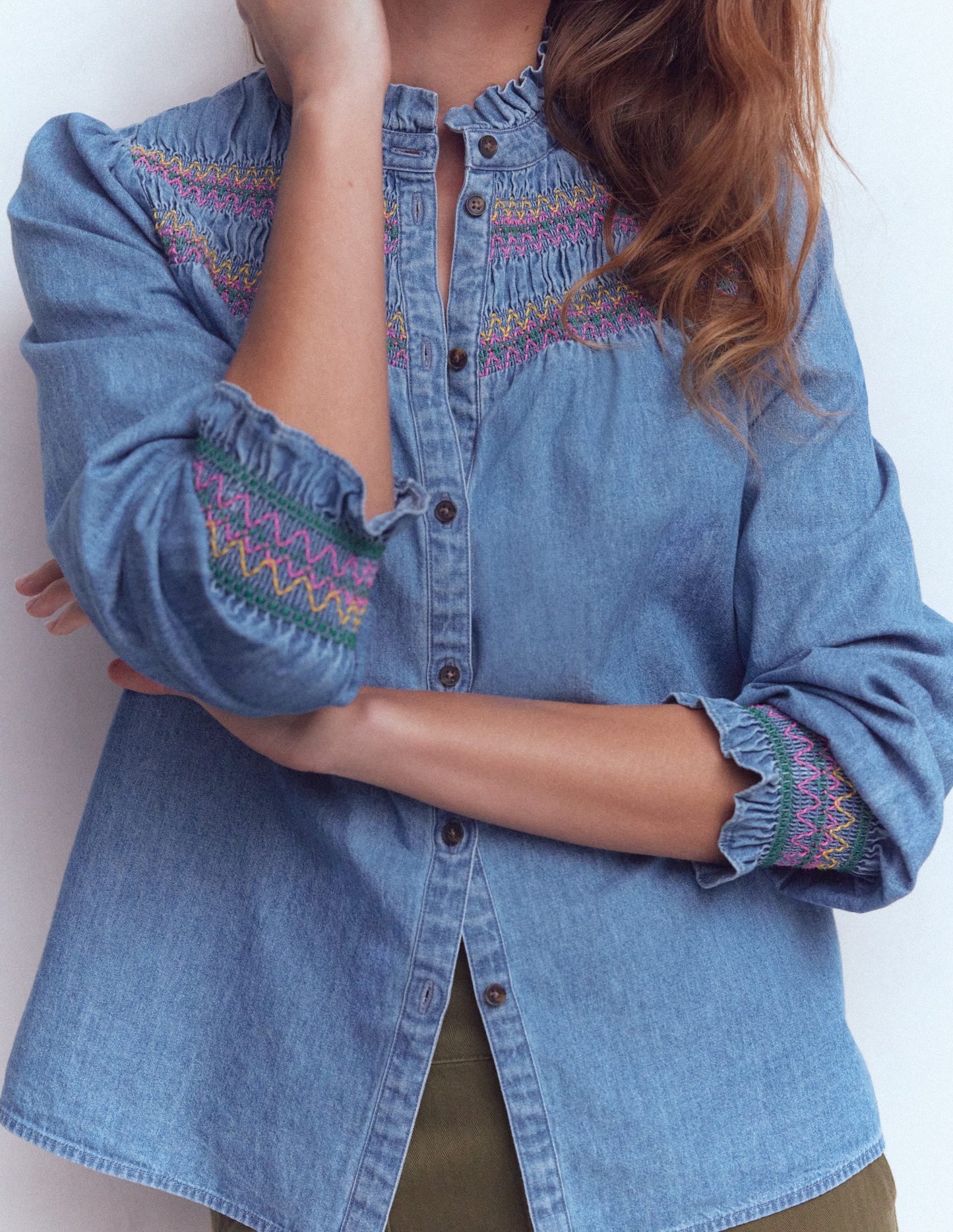 Esme Smocked Denim Frill Top-Light Authentic