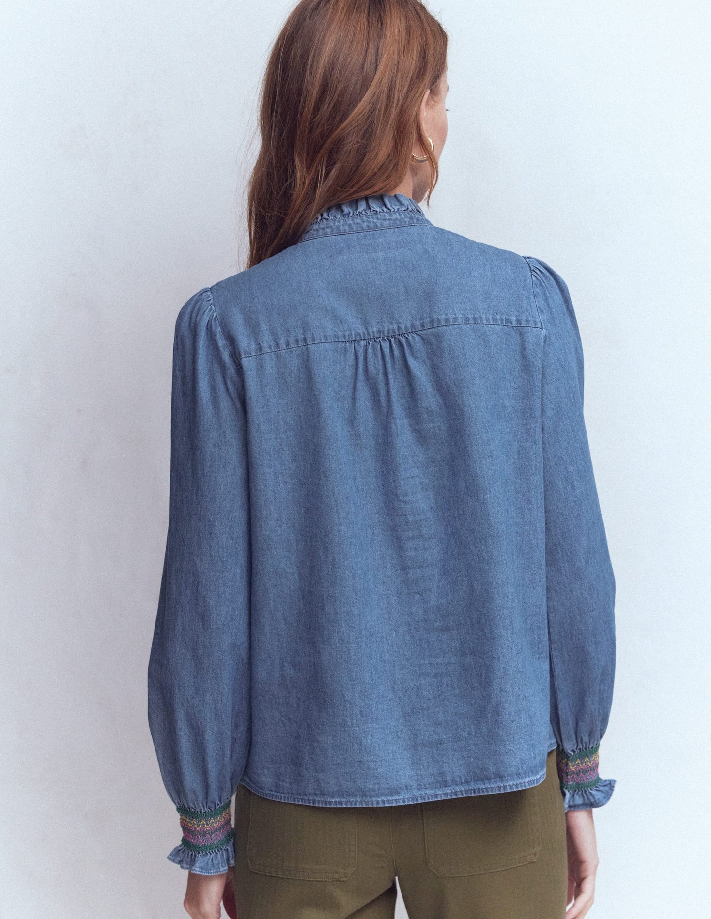 Esme Smocked Denim Frill Top-Light Authentic