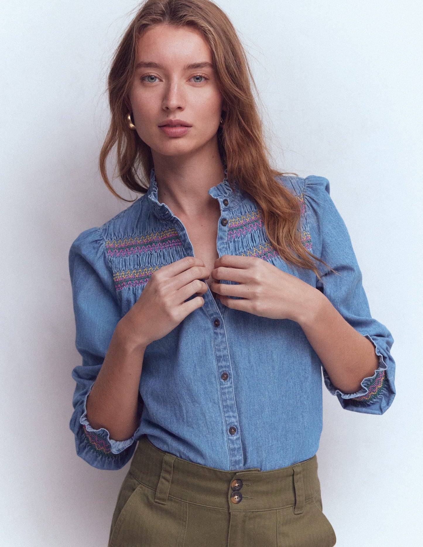 Esme Smocked Denim Frill Top-Light Authentic
