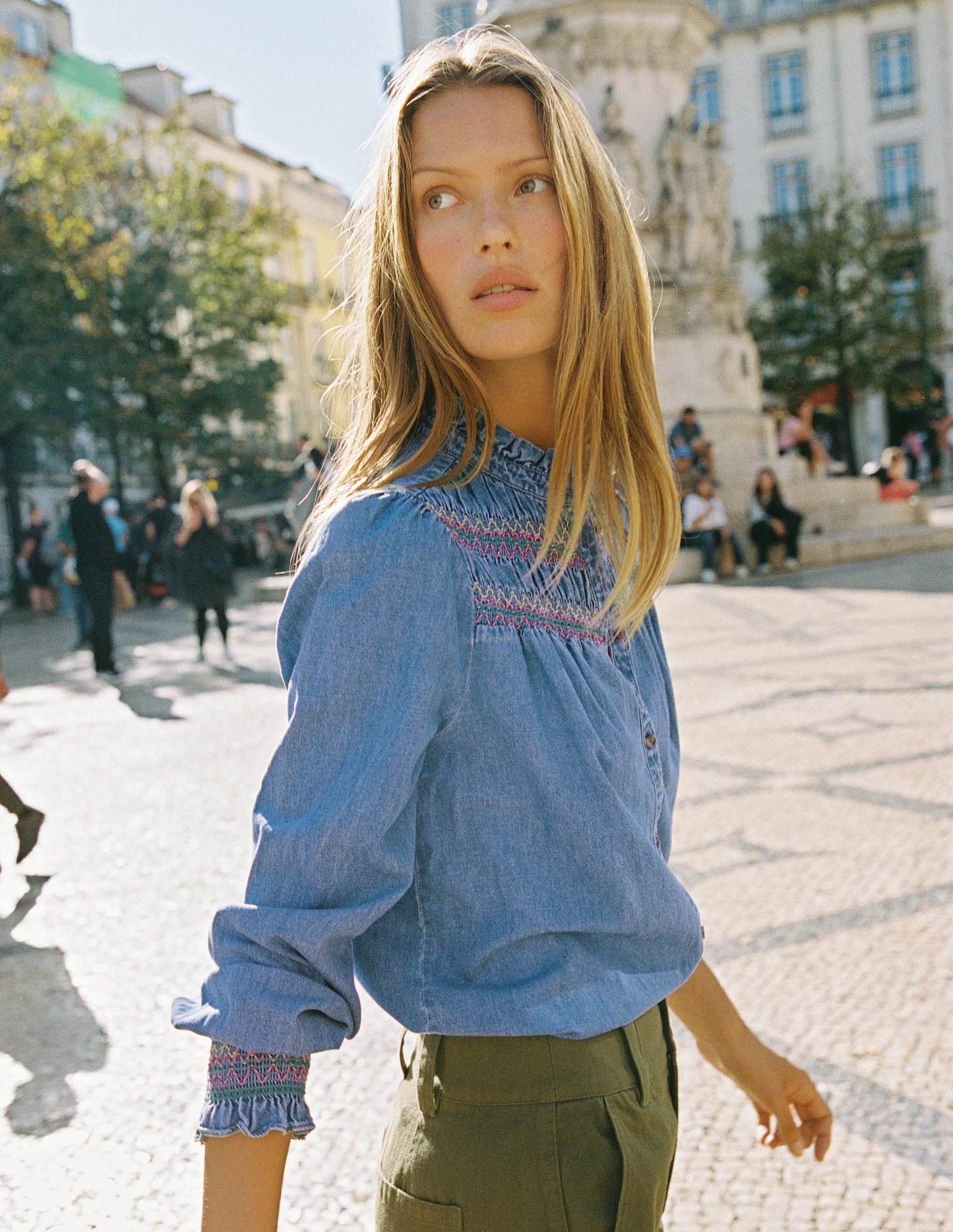 Esme Smocked Denim Frill Top-Light Authentic