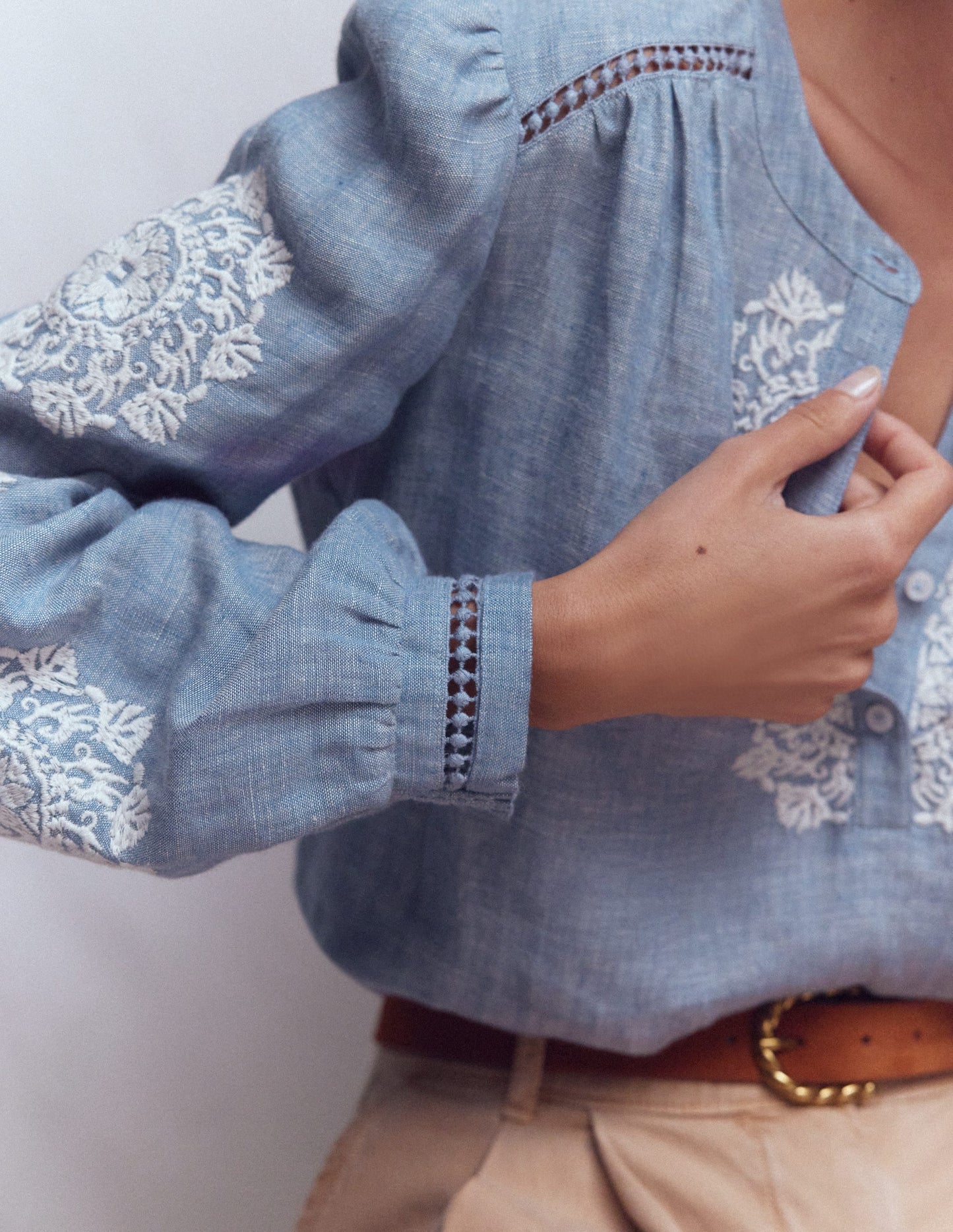Embroidered Trim Interest Top-Chambray